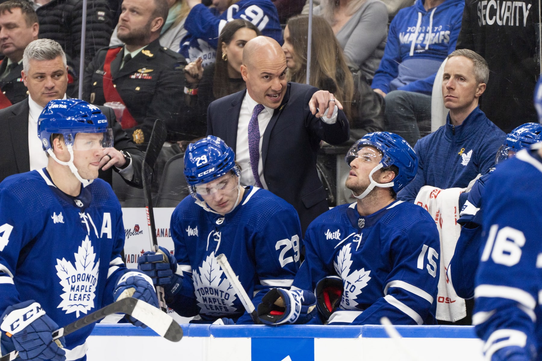 TORONTO, ON - FEBRUARY 11: Toronto Maple Leafs assistant coach Spencer Carbery looks on from the bench against the Columbus Blue Jackets during the second period at the Scotiabank Arena on February 11, 2023 in Toronto, Ontario, Canada. (Photo by Kevin Sousa/NHLI via Getty Images)