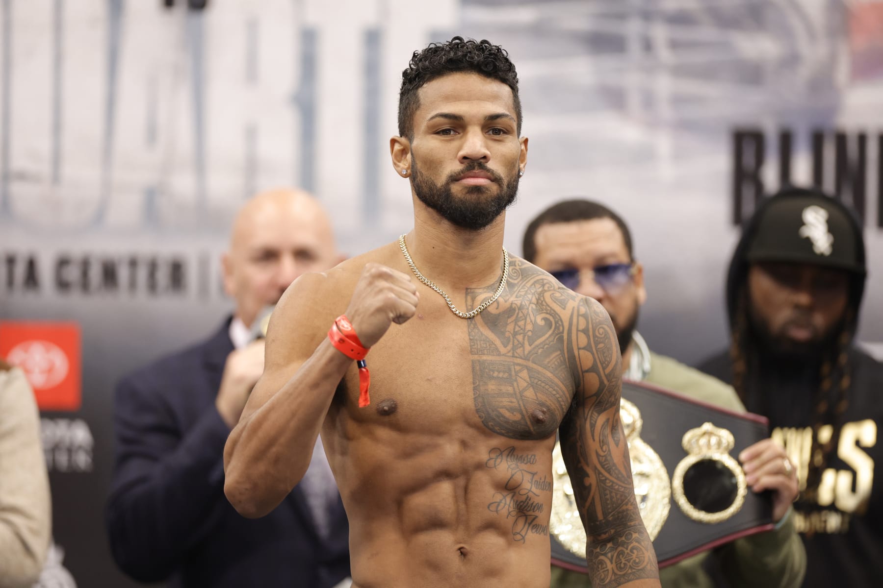 HOUSTON, TEXAS - DECEMBER 01: Shane Mosley Jr weighs in at Toyota Center on December 01, 2023 in Houston, Texas. (Photo by Carmen Mandato/Getty Images)