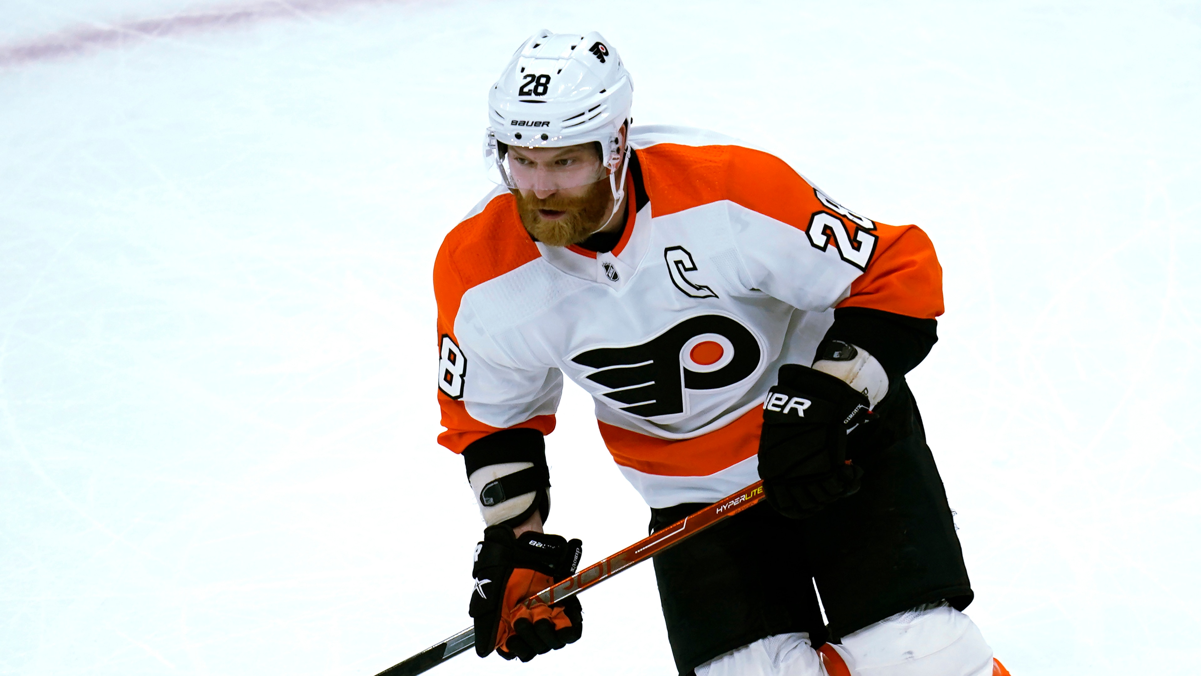 Philadelphia Flyers center Claude Giroux (28) during the first period of an NHL hockey game, Thursday, Jan. 13, 2022, in Boston. (AP Photo/Charles Krupa)