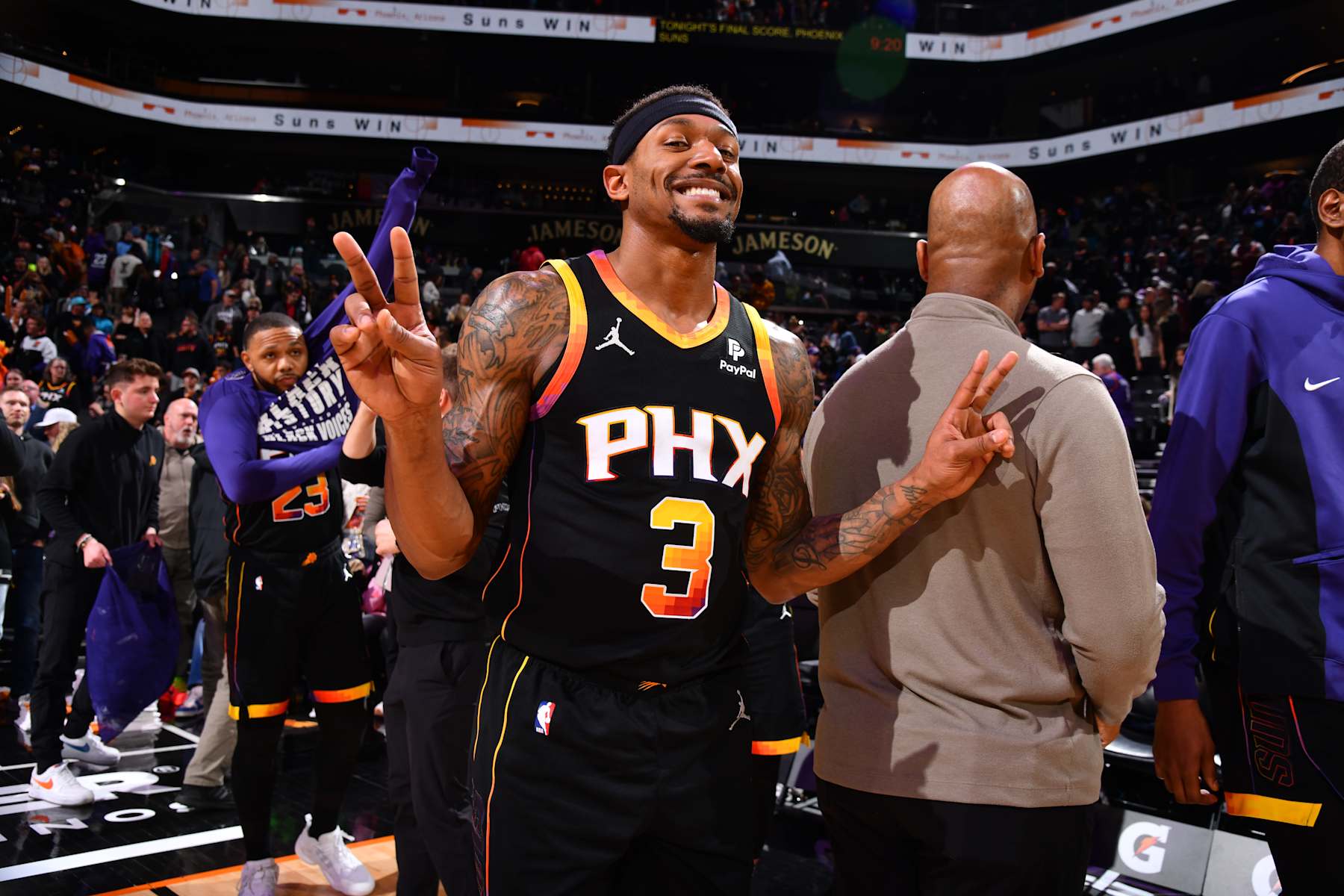 PHOENIX, AZ - FEBRUARY 8: Bradley Beal #3 of the Phoenix Suns poses for a photo after the game against the Utah Jazz on February 8, 2024 at Footprint Center in Phoenix, Arizona. NOTE TO USER: User expressly acknowledges and agrees that, by downloading and or using this photograph, user is consenting to the terms and conditions of the Getty Images License Agreement. Mandatory Copyright Notice: Copyright 2024 NBAE (Photo by Barry Gossage/NBAE via Getty Images)