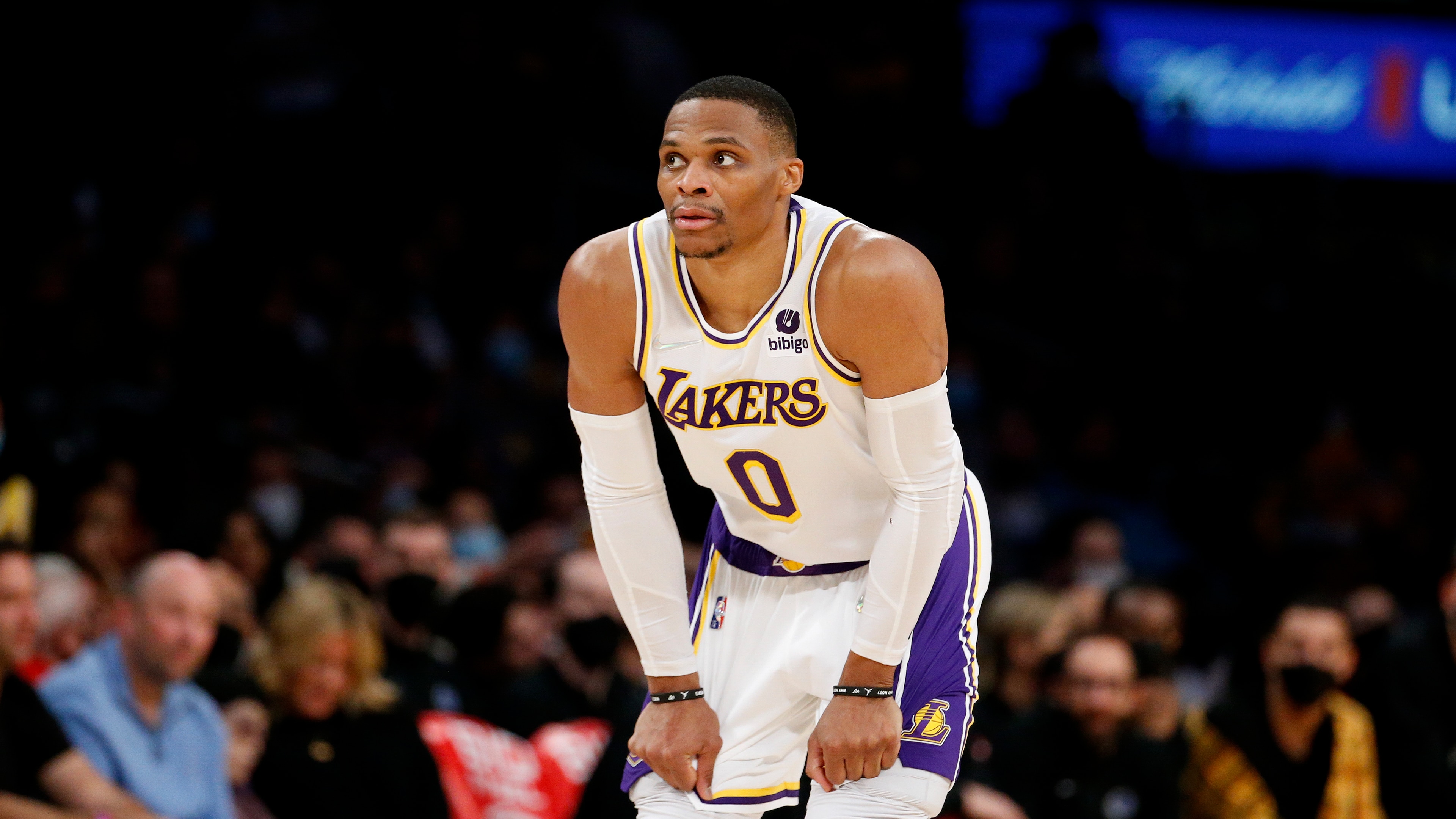 Los Angeles Lakers guard Russell Westbrook (0) during the second half of an NBA basketball game against the Orlando Magic in Los Angeles, Sunday, Dec. 12, 2021. The Lakers won 106-94. (AP Photo/Ringo H.W. Chiu)