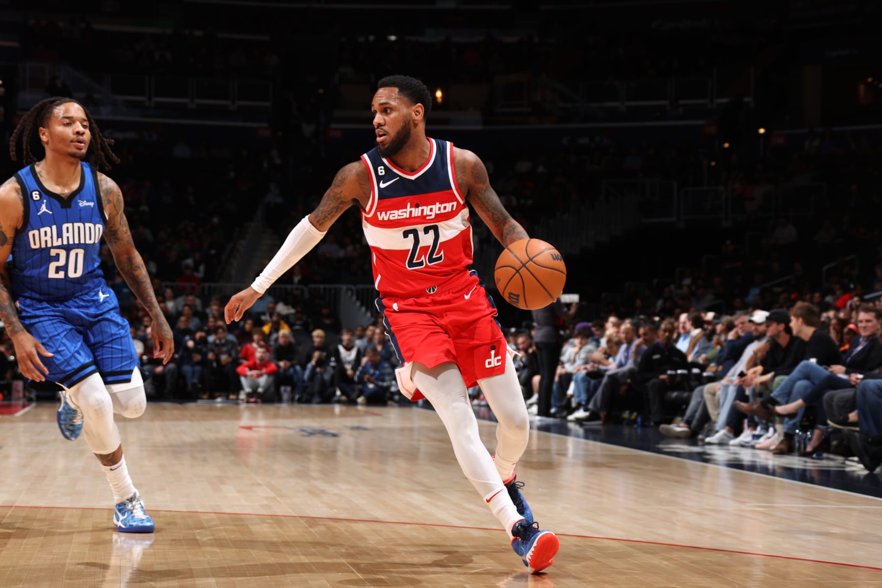 WASHINGTON, DC -  MARCH 31: Monte Morris #22 of the Washington Wizards moves the ball during the game against the Orlando Magic on March 31, 2023 at Capital One Arena in Washington, DC. NOTE TO USER: User expressly acknowledges and agrees that, by downloading and or using this Photograph, user is consenting to the terms and conditions of the Getty Images License Agreement. Mandatory Copyright Notice: Copyright 2023 NBAE (Photo by Stephen Gosling/NBAE via Getty Images)