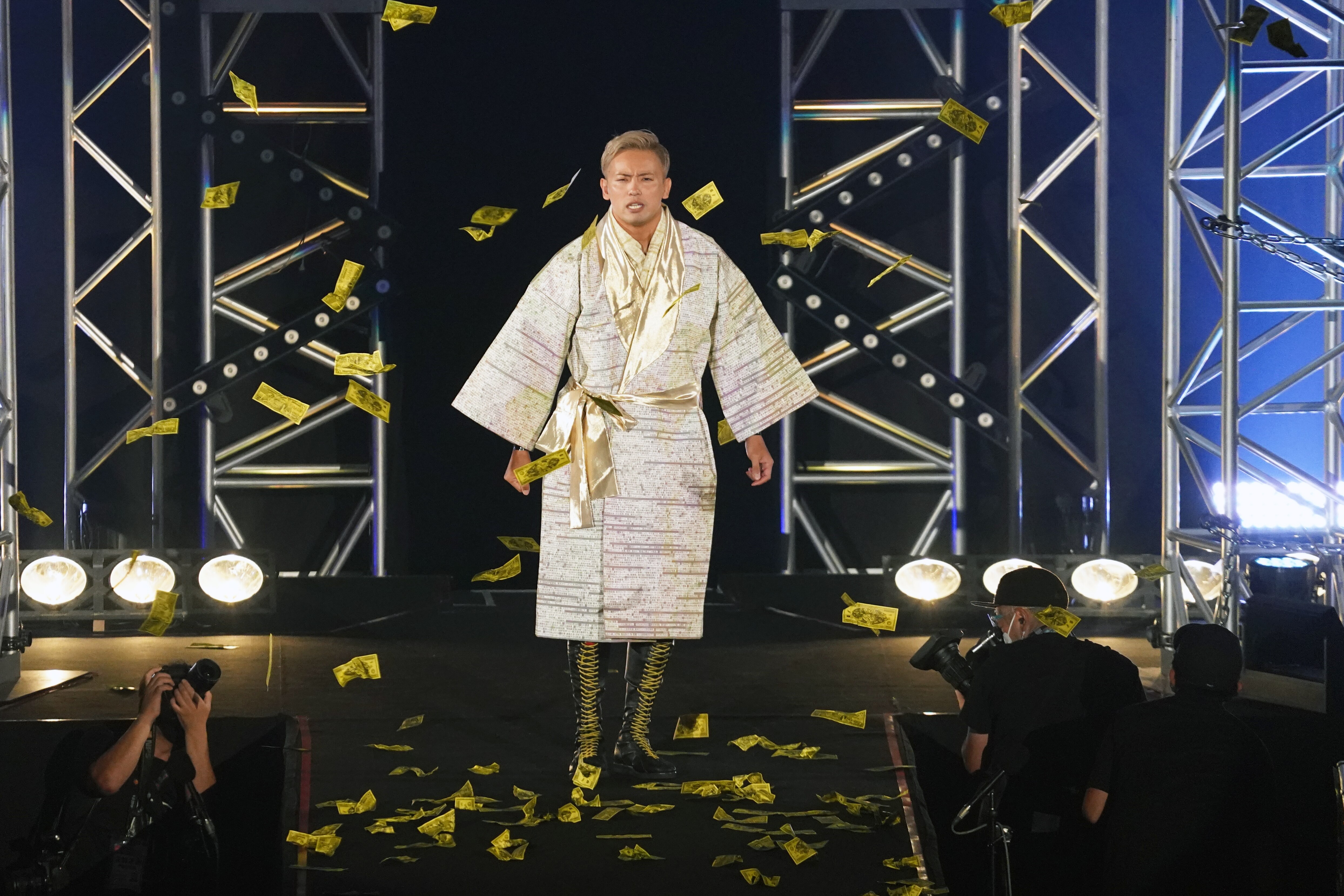 OSAKA, JAPAN - JUNE 12: Kazuchika Okada enters the ring during the New Japan Pro-Wrestling - DOMINION at Osaka-Jo Hall on June 12, 2022 in Osaka, Japan. (Photo by Etsuo Hara/Getty Images)