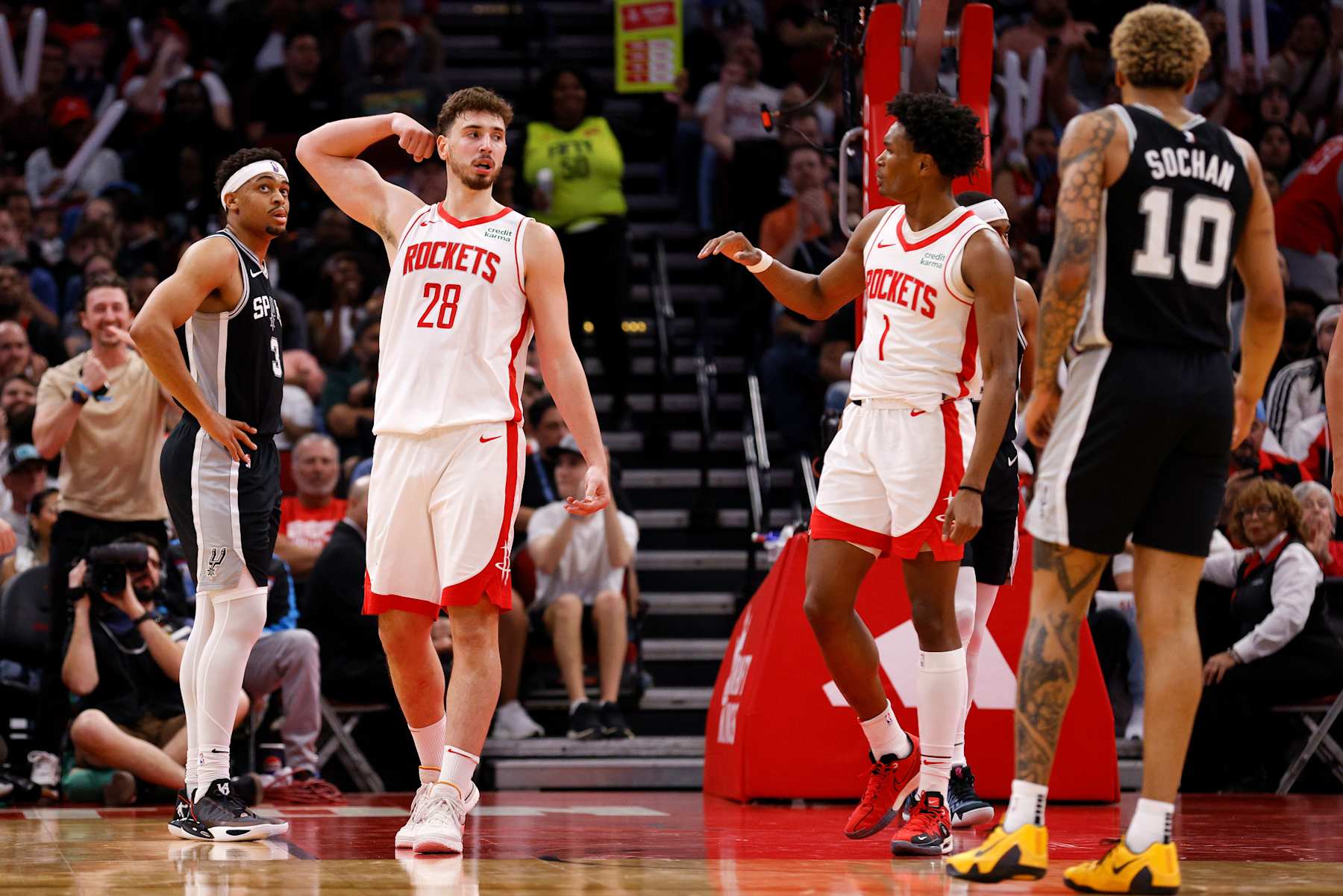 HOUSTON, TEXAS - MARCH 05: Alperen Sengun #28 of the Houston Rockets reacts after a basket in the second half against the San Antonio Spurs at Toyota Center on March 05, 2024 in Houston, Texas.  NOTE TO USER: User expressly acknowledges and agrees that, by downloading and or using this photograph, User is consenting to the terms and conditions of the Getty Images License Agreement. (Photo by Tim Warner/Getty Images)