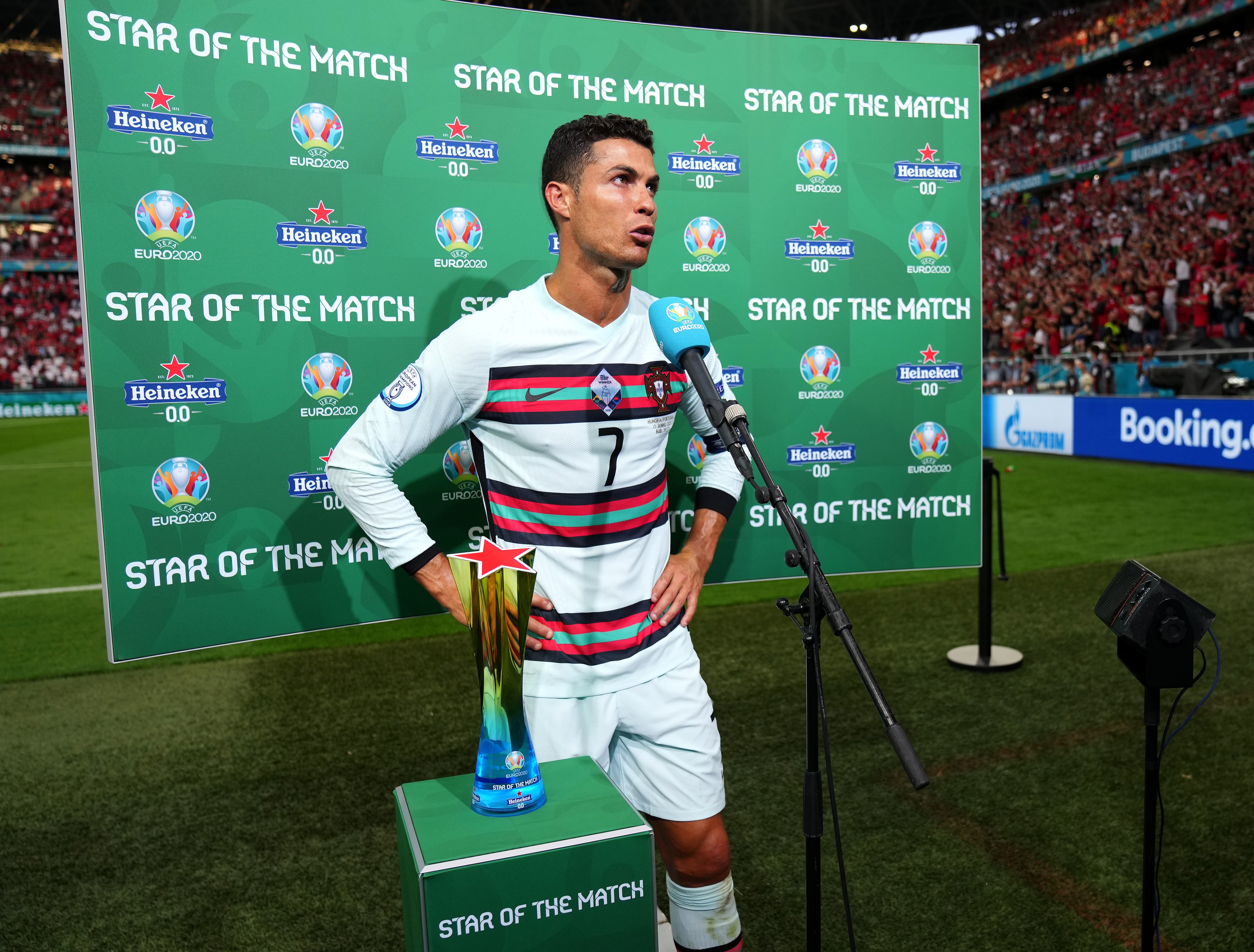 BUDAPEST, HUNGARY - JUNE 15: Cristiano Ronaldo of Portugal speaks to the media after winning the Heineken "Star of the Match" award after the UEFA Euro 2020 Championship Group F match between Hungary and Portugal at Puskas Arena on June 15, 2021 in Budapest, Hungary. (Photo by Angel Martinez - UEFA/UEFA via Getty Images)