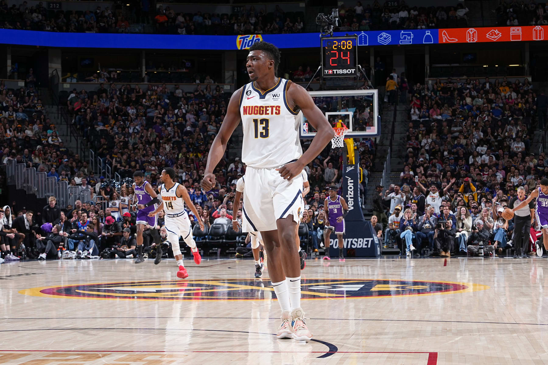 DENVER, CO - APRIL 9: Thomas Bryant #13 of the Denver Nuggets looks on during the game against the Sacramento Kings on April 9, 2023 at the Ball Arena in Denver, Colorado. NOTE TO USER: User expressly acknowledges and agrees that, by downloading and/or using this Photograph, user is consenting to the terms and conditions of the Getty Images License Agreement. Mandatory Copyright Notice: Copyright 2023 NBAE (Photo by Garrett Ellwood/NBAE via Getty Images)