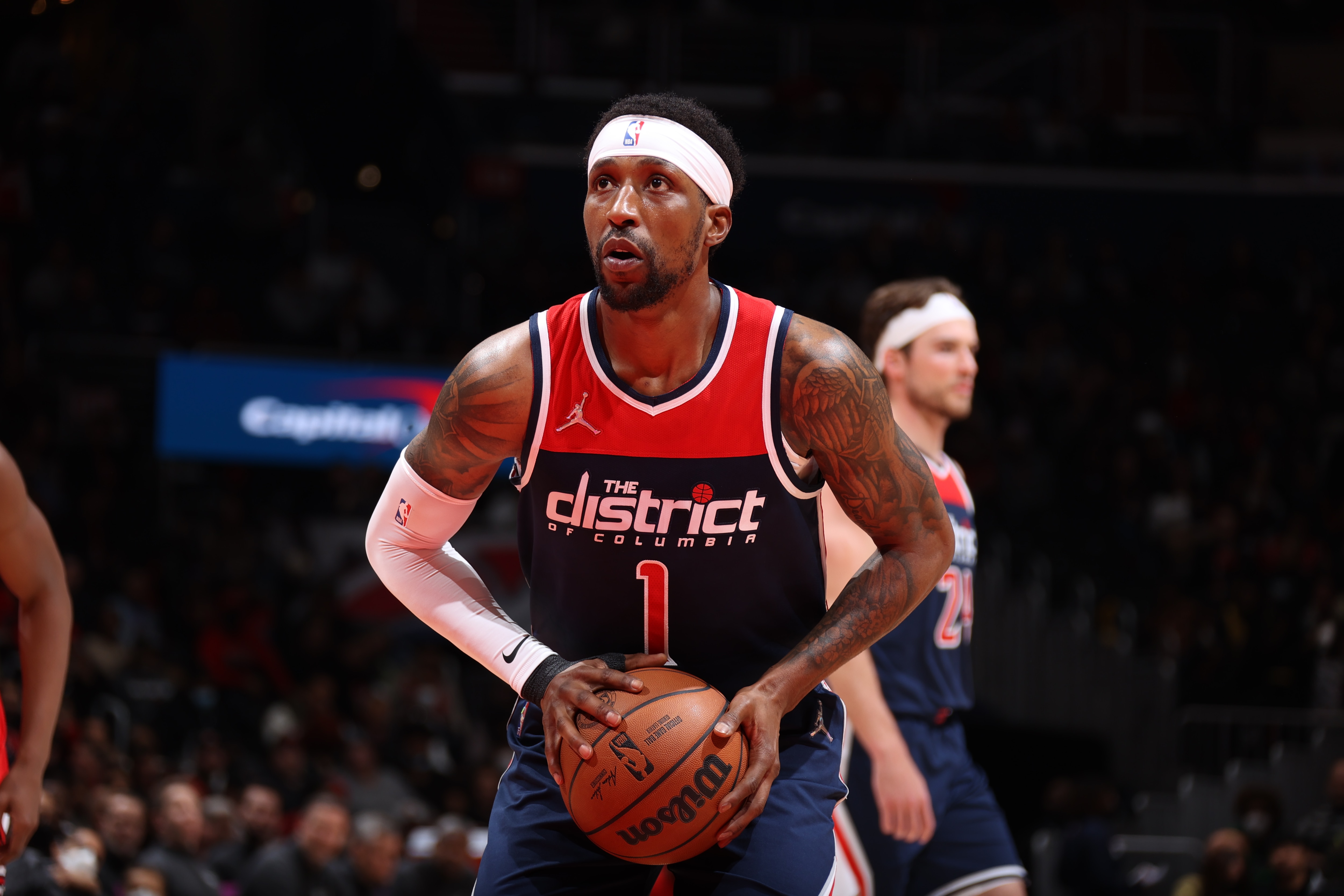 WASHINGTON, DC -  MARCH 29: Kentavious Caldwell-Pope #1 of the Washington Wizards prepares to shoot a free throw during the game against the Chicago Bulls on March 29, 2022 at Capital One Arena in Washington, DC. NOTE TO USER: User expressly acknowledges and agrees that, by downloading and or using this Photograph, user is consenting to the terms and conditions of the Getty Images License Agreement. Mandatory Copyright Notice: Copyright 2022 NBAE (Photo by Stephen Gosling/NBAE via Getty Images)