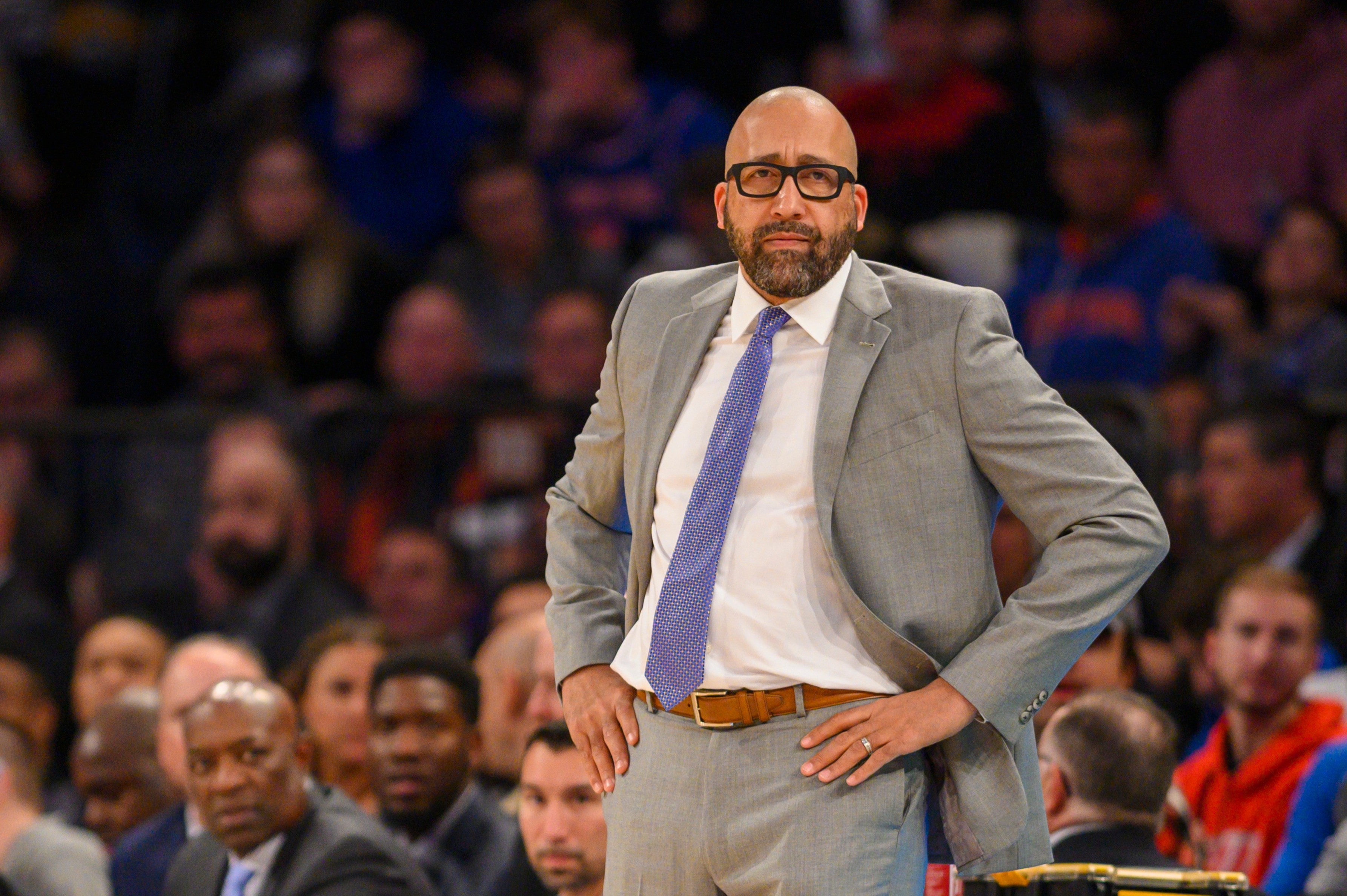 New York Knicks head coach David Fizdale looks on in the first half of an NBA basketball game against the Brooklyn Nets, Sunday, Nov. 24, 2019, at Madison Square Garden in New York. (AP Photo/Corey Sipkin).