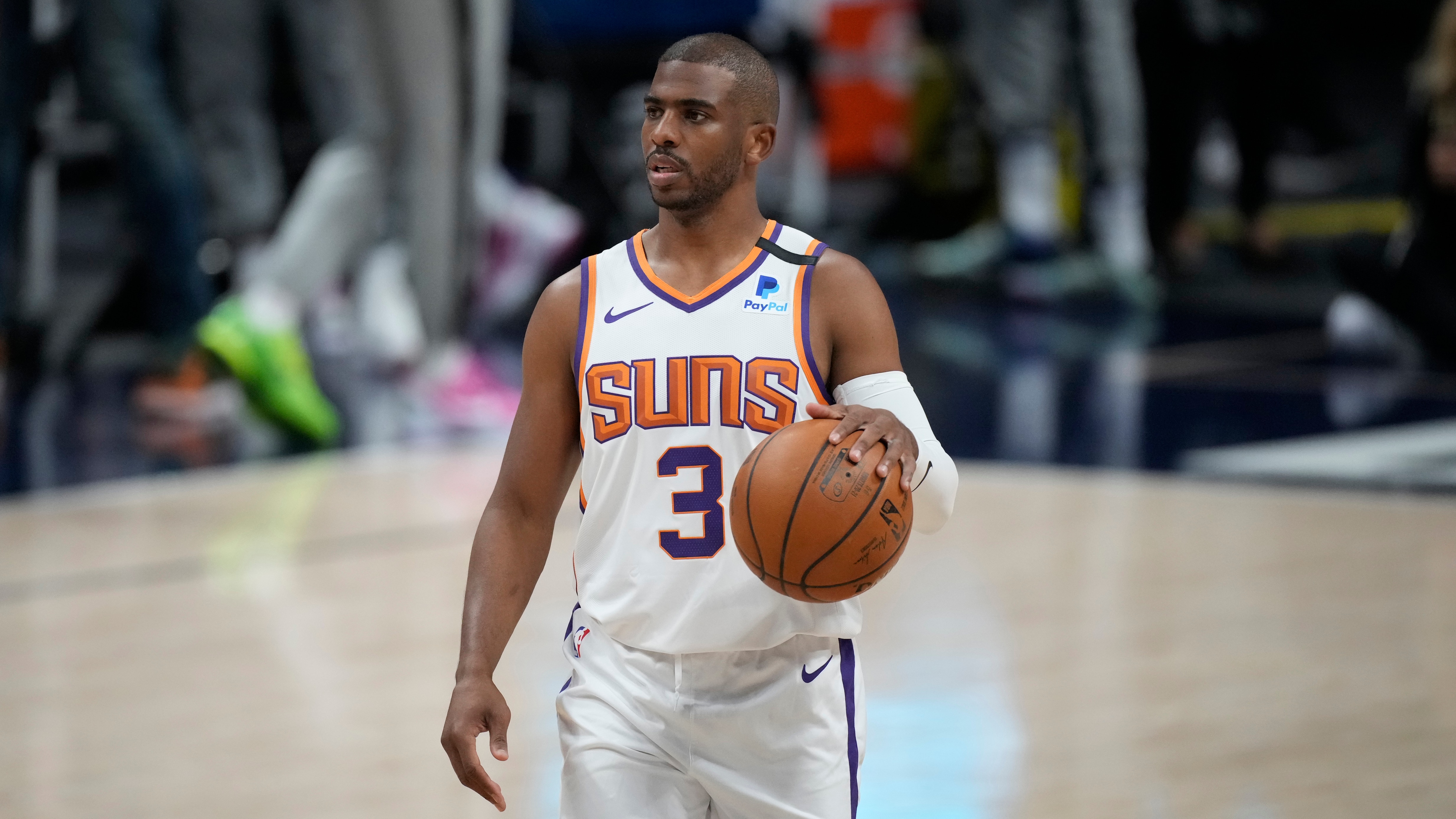 Phoenix Suns guard Chris Paul (3) in the first half of Game 4 of an NBA second-round playoff series Sunday, June 13, 2021, in Denver. (AP Photo/David Zalubowski)