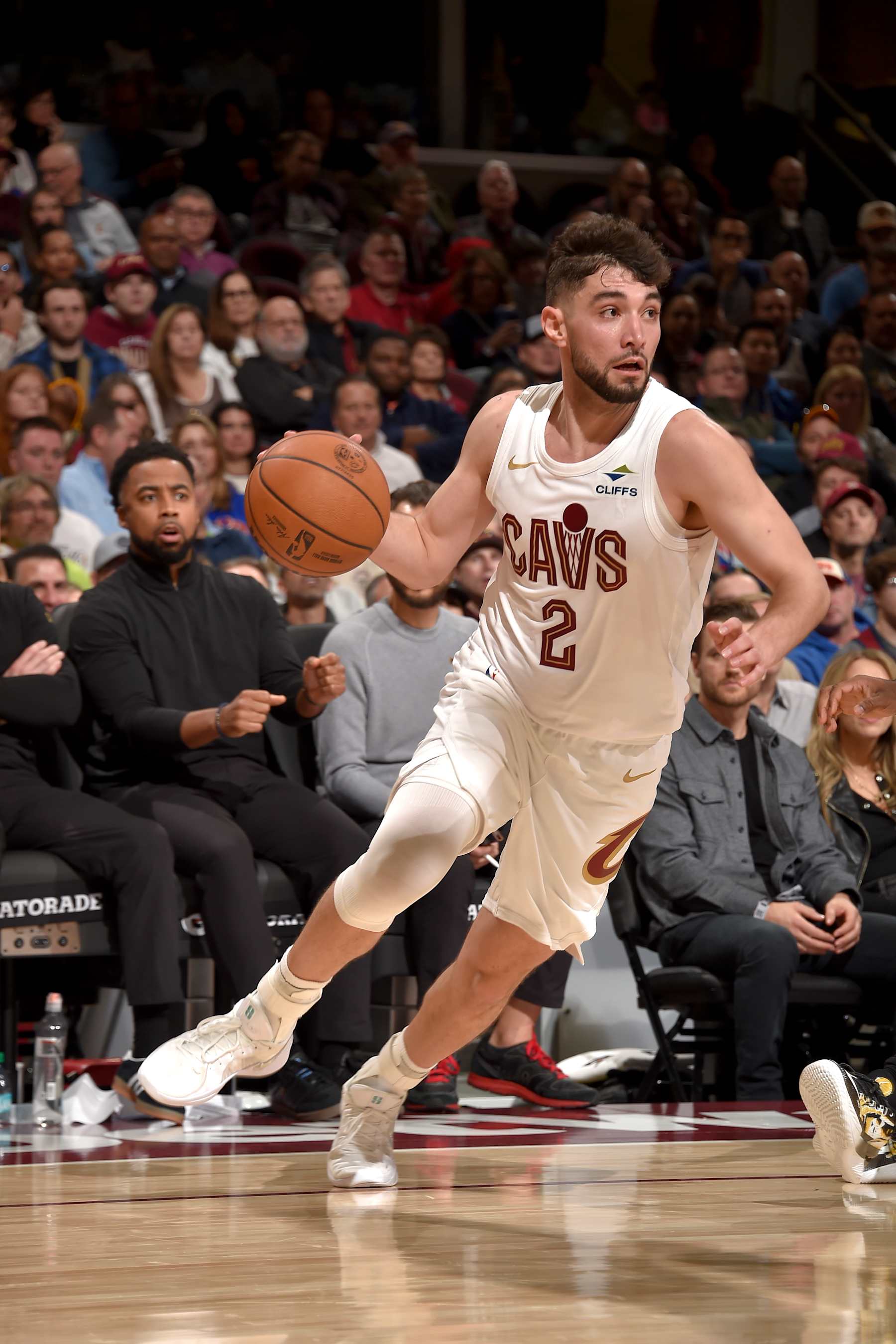 CLEVELAND, OH - NOVEMBER 24: Ty Jerome #2 of the Cleveland Cavaliers handles the ball during the game against the Toronto Raptors on November 24, 2024 at Rocket Mortgage FieldHouse in Cleveland, Ohio. NOTE TO USER: User expressly acknowledges and agrees that, by downloading and/or using this Photograph, user is consenting to the terms and conditions of the Getty Images License Agreement. Mandatory Copyright Notice: Copyright 2024 NBAE (Photo by David Liam Kyle/NBAE via Getty Images)