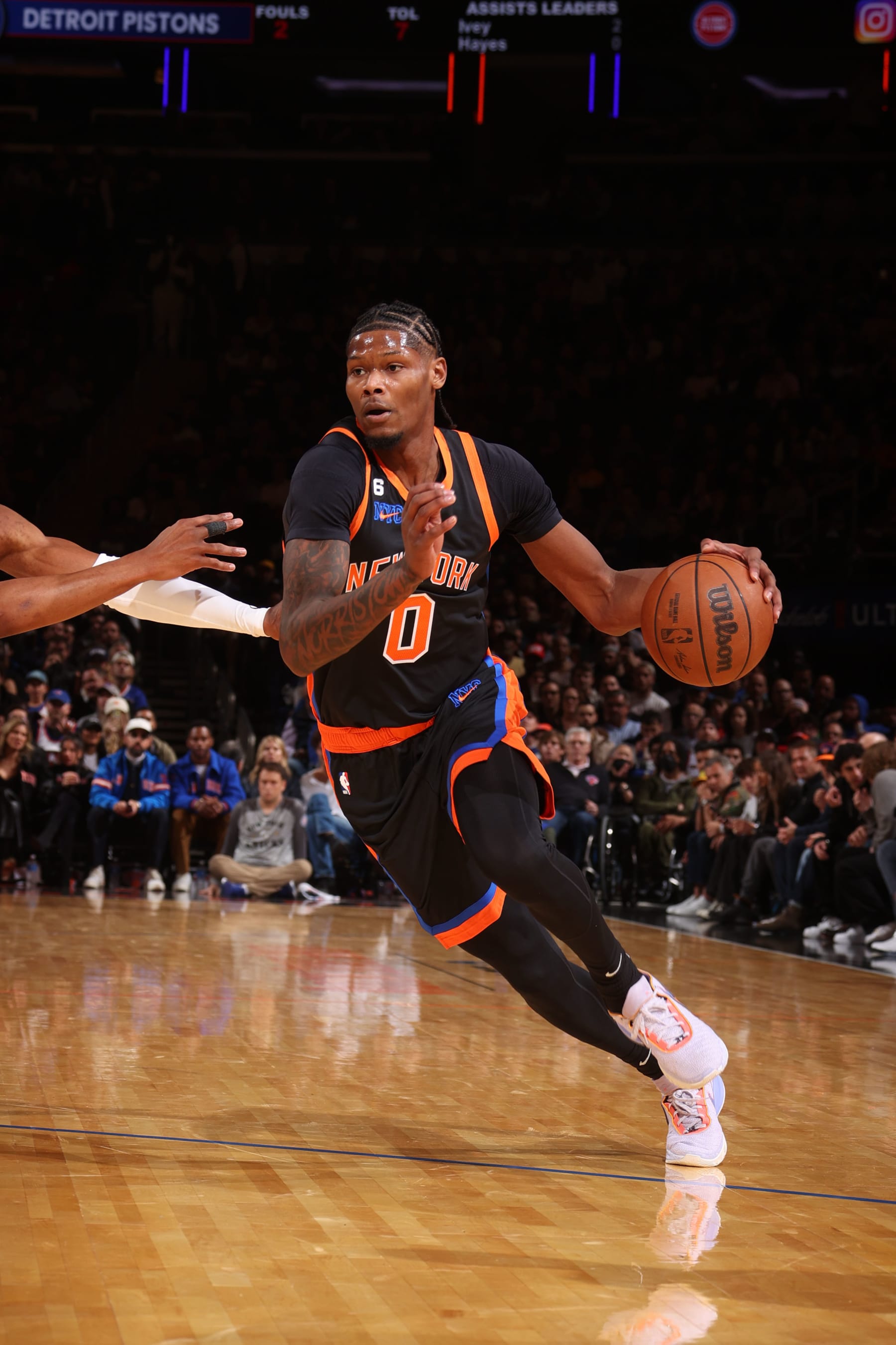 NEW YORK, NY - NOVEMBER 11: Cam Reddish #0 of the New York Knicks drives to the basket during the game against the Detroit Pistons on November 11, 2022 at Madison Square Garden in New York City, New York.  NOTE TO USER: User expressly acknowledges and agrees that, by downloading and or using this photograph, User is consenting to the terms and conditions of the Getty Images License Agreement. Mandatory Copyright Notice: Copyright 2022 NBAE  (Photo by Nathaniel S. Butler/NBAE via Getty Images)