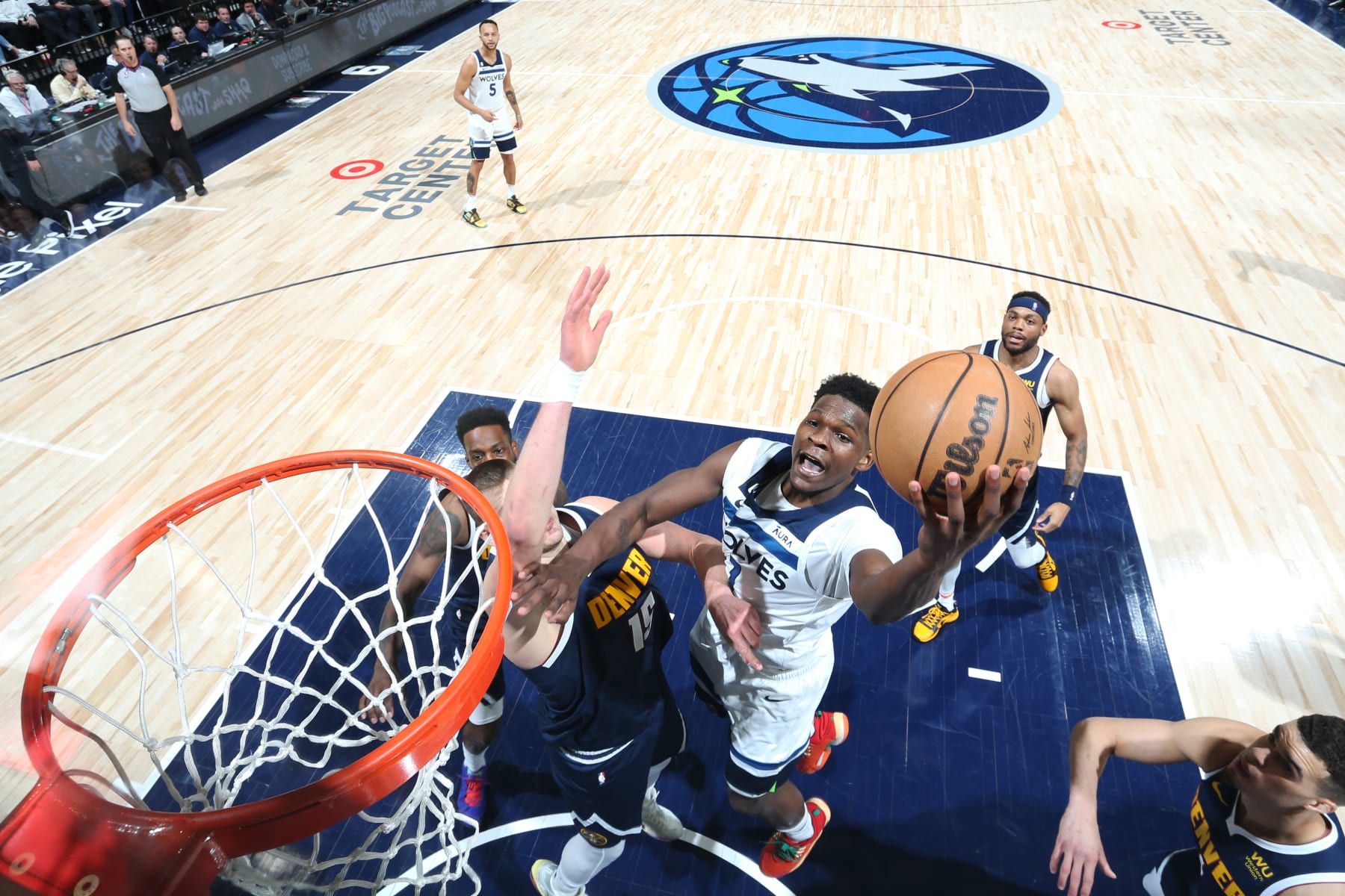 MINNEAPOLIS, MN - APRIL 23: Anthony Edwards #1 of the Minnesota Timberwolves drives to the basket during Round 1 Game 4 of the 2023 NBA Playoffs against the Denver Nuggets on April 23, 2023 at Target Center in Minneapolis, Minnesota. NOTE TO USER: User expressly acknowledges and agrees that, by downloading and or using this Photograph, user is consenting to the terms and conditions of the Getty Images License Agreement. Mandatory Copyright Notice: Copyright 2023 NBAE (Photo by David Sherman/NBAE via Getty Images)