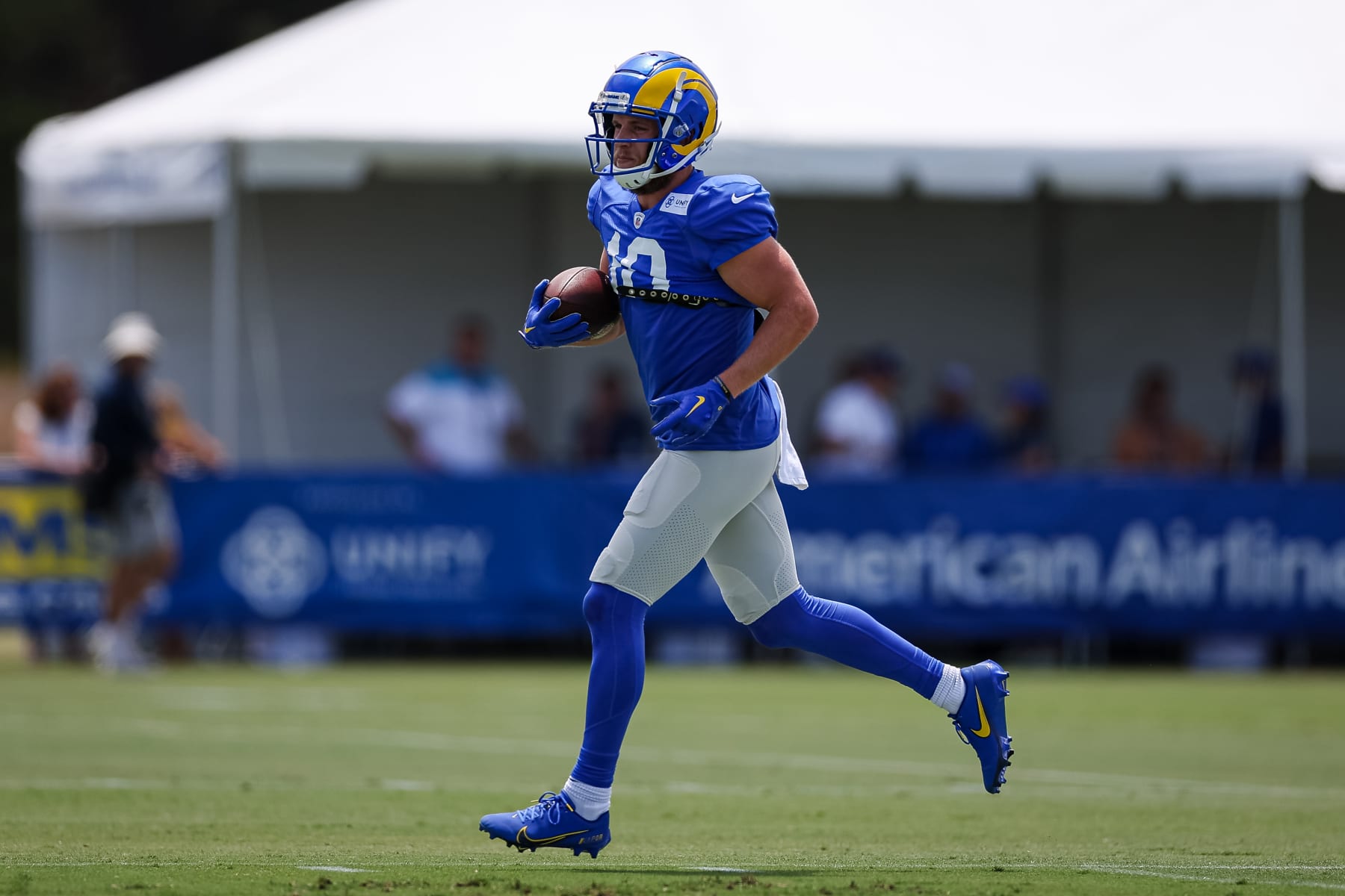 IRVINE, CA - JULY 29: Cooper Kupp #10 of the Los Angeles Rams participates in a drill during training camp at University of California Irvine on July 29, 2022 in Irvine, California. (Photo by Scott Taetsch/Getty Images)