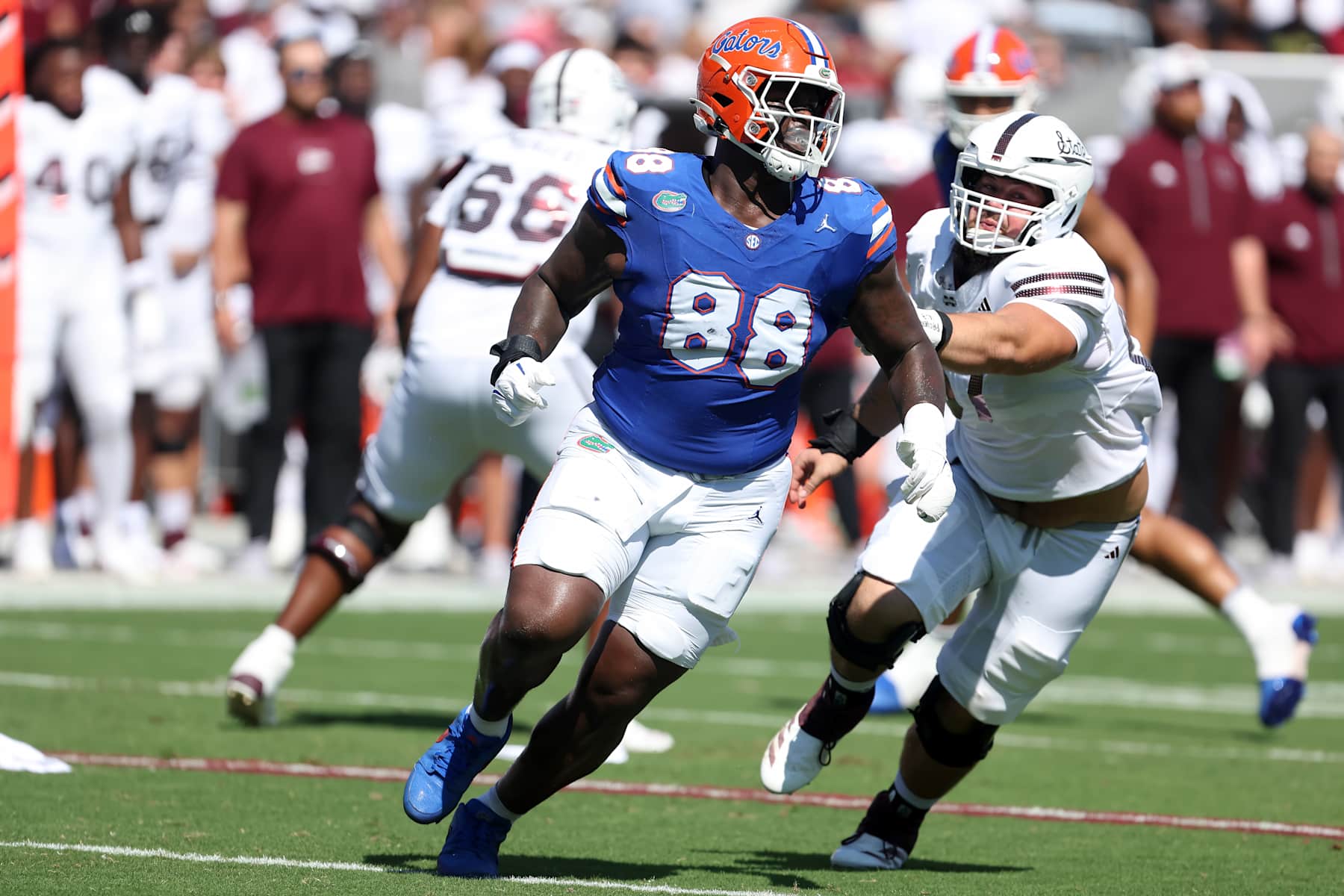 STARKVILLE, MS - SEPTEMBER 21: Florida Gators defensive lineman Caleb Banks (88) during the game between the Florida Gators and the Mississippi State Bulldogs on September 21, 2024 at Davis Wade Stadium in Starkville, Mississippi.  (Photo by Michael Wade/Icon Sportswire via Getty Images)