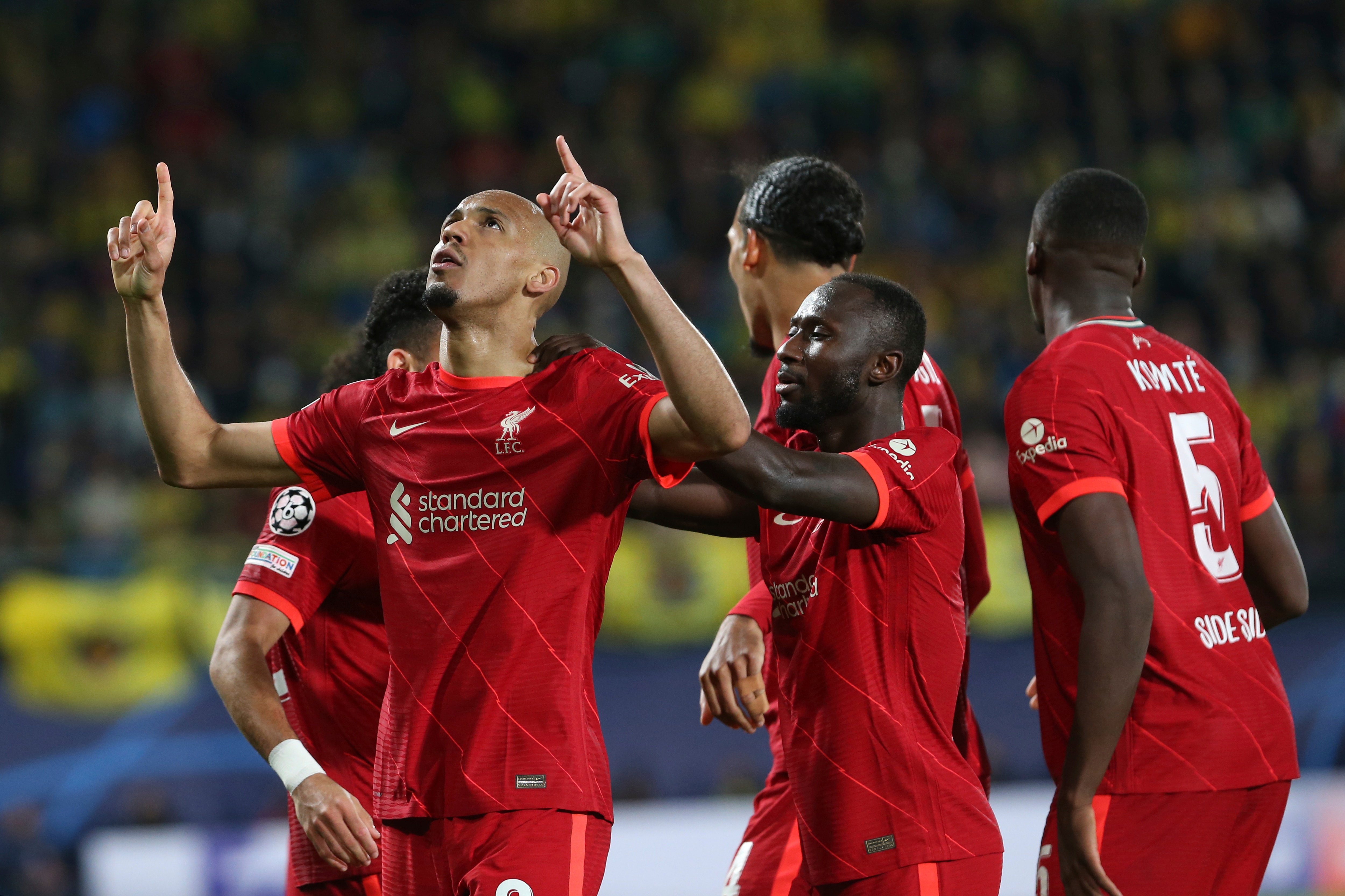 Liverpool's Fabinho celebrates after scoring his side's opening goal during the Champions League semi final, second leg soccer match between Villarreal and Liverpool at the Ceramica stadium in Villarreal, Spain, Tuesday, May 3, 2022. (AP Photo/Alberto Saiz)