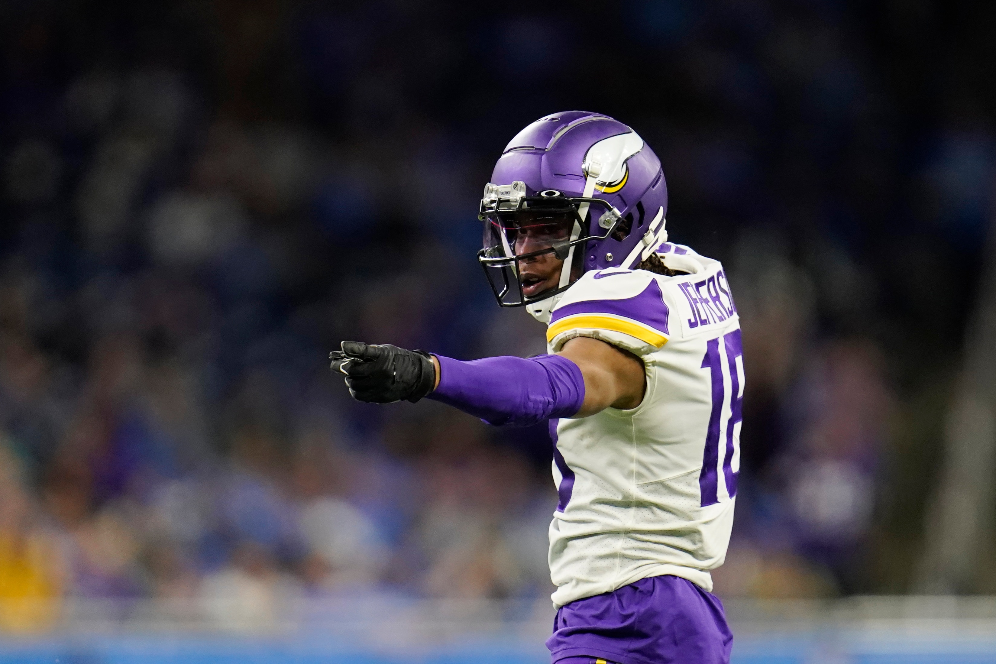 Minnesota Vikings wide receiver Justin Jefferson signals a first down during the second half of an NFL football game against the Detroit Lions, Sunday, Dec. 5, 2021, in Detroit. (AP Photo/Paul Sancya)