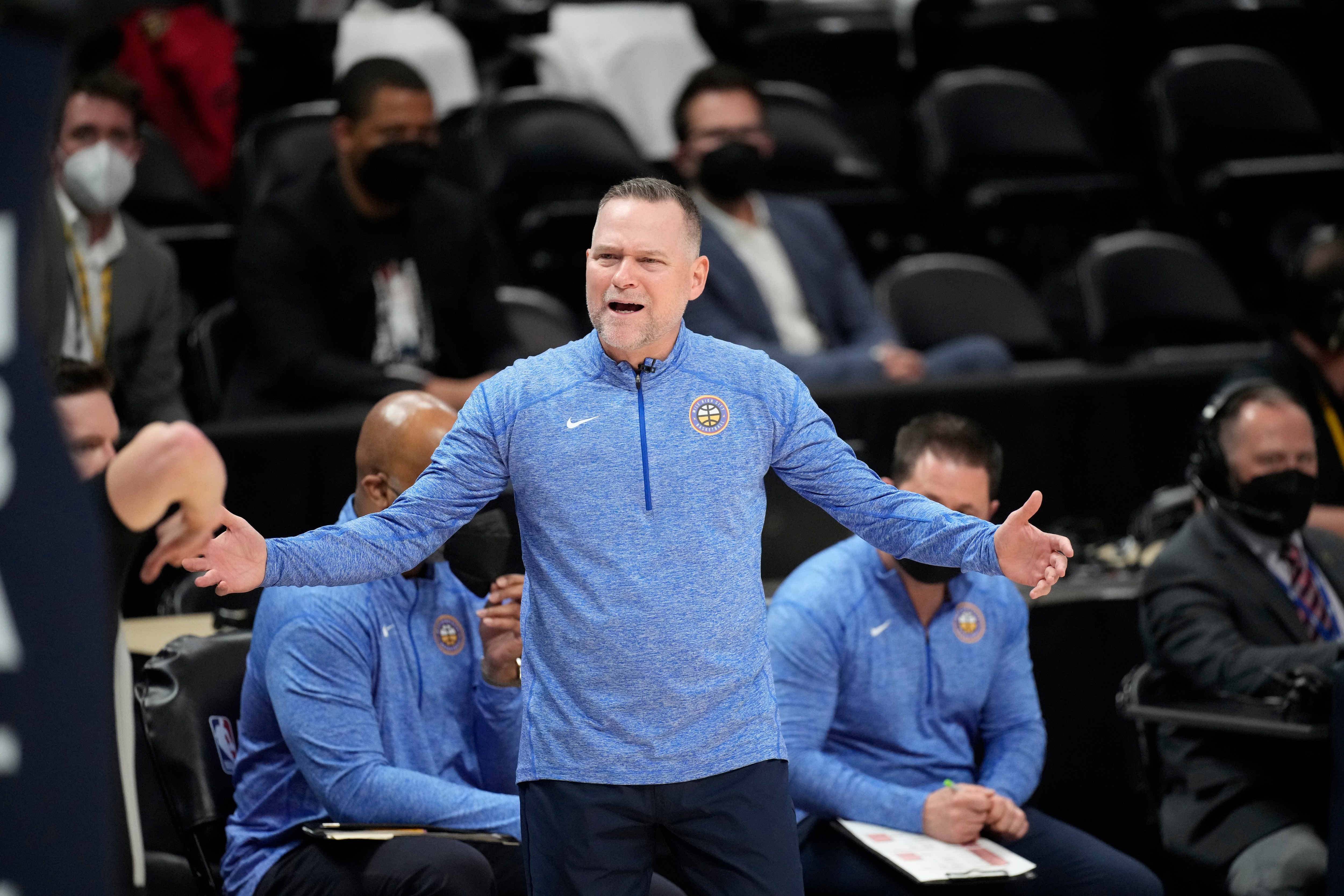 Denver Nuggets head coach Michael Malone () in the second half of Game 3 of an NBA second-round playoff series Friday, June 11, 2021, in Denver. (AP Photo/David Zalubowski)