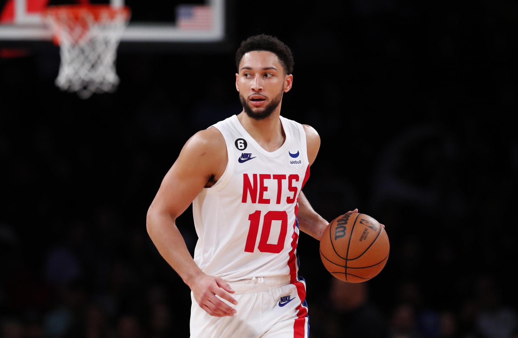 Brooklyn Nets guard Ben Simmons (10) dribbles the ball against the Indiana Pacers during the second half of an NBA basketball game, Saturday, Oct. 29, 2022 in New York. The Indiana Pacers won 125 - 116. (AP Photo/Noah K. Murray)