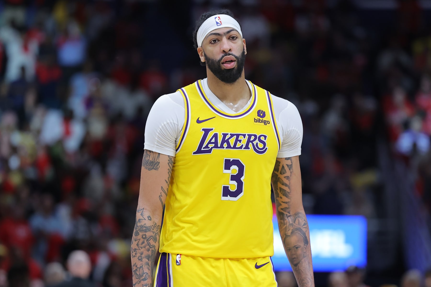 NEW ORLEANS, LOUISIANA - APRIL 16: Anthony Davis #3 of the Los Angeles Lakers reacts against the New Orleans Pelicans during a play-in tournament game at the Smoothie King Center on April 16, 2024 in New Orleans, Louisiana. NOTE TO USER: User expressly acknowledges and agrees that, by downloading and or using this Photograph, user is consenting to the terms and conditions of the Getty Images License Agreement. (Photo by Jonathan Bachman/Getty Images)