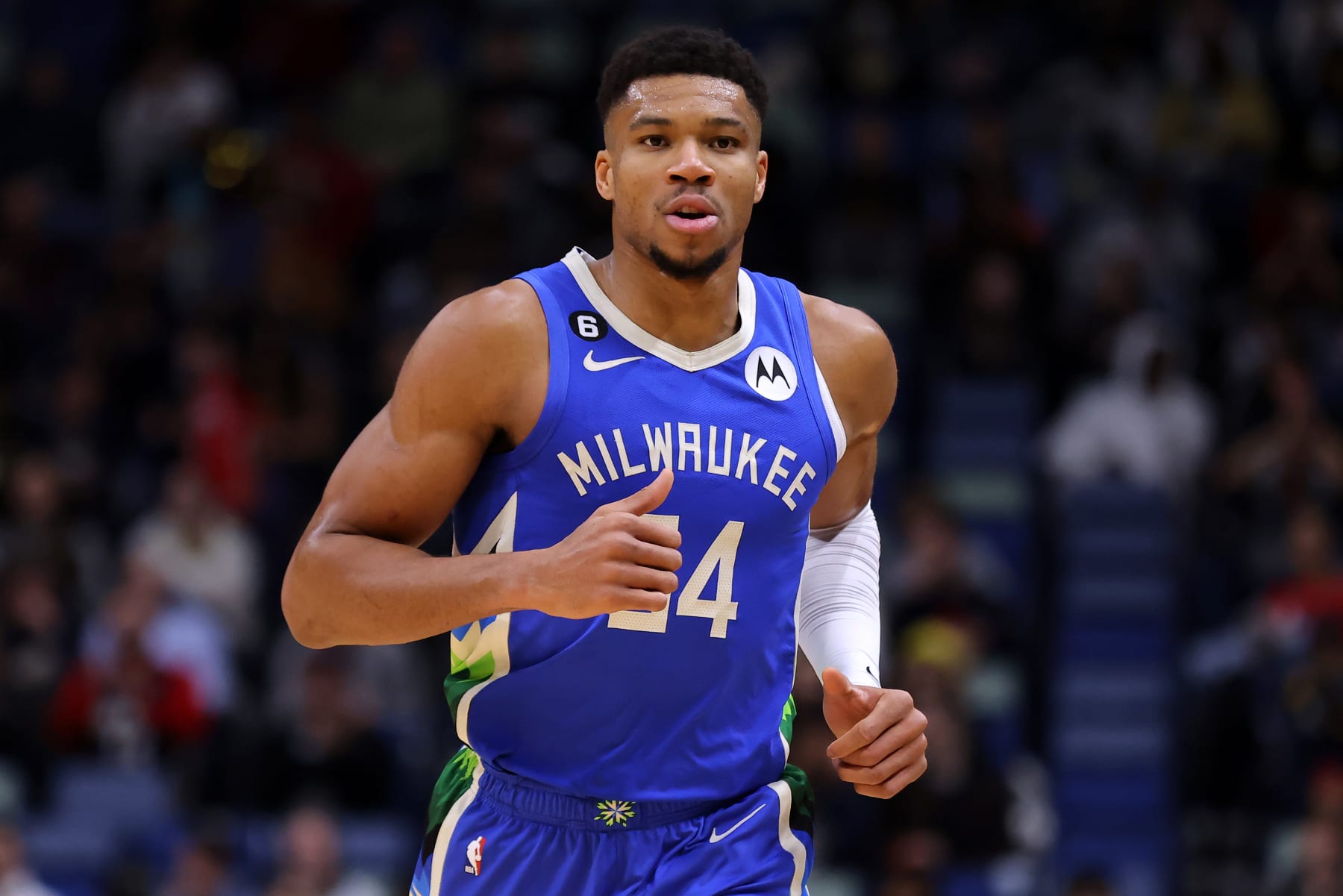 NEW ORLEANS, LOUISIANA - DECEMBER 19: Giannis Antetokounmpo #34 of the Milwaukee Bucks reacts against the New Orleans Pelicans during a game at the Smoothie King Center on December 19, 2022 in New Orleans, Louisiana. NOTE TO USER: User expressly acknowledges and agrees that, by downloading and or using this Photograph, user is consenting to the terms and conditions of the Getty Images License Agreement. (Photo by Jonathan Bachman/Getty Images)