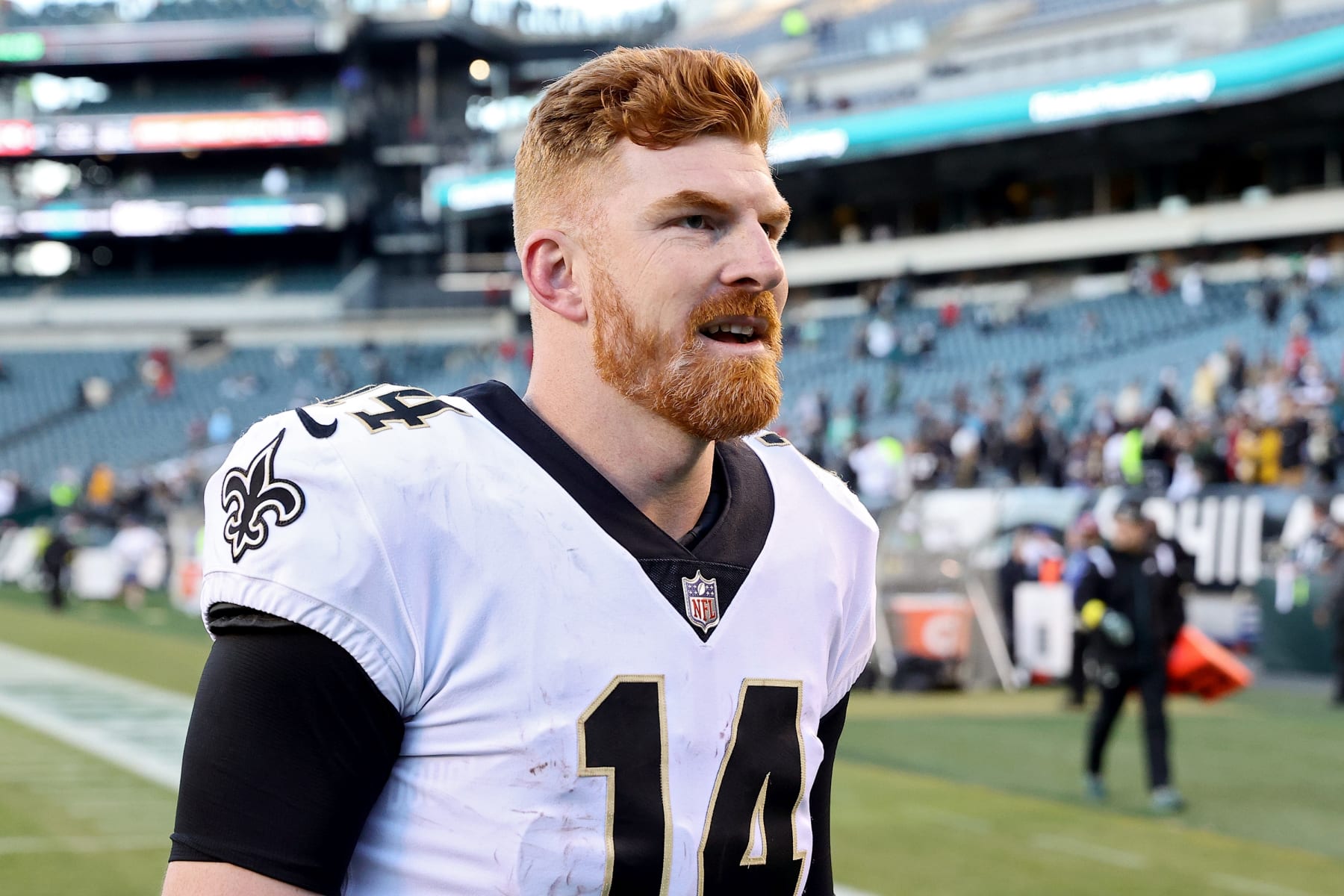 PHILADELPHIA, PENNSYLVANIA - JANUARY 01: Andy Dalton #14 of the New Orleans Saints looks on after a win against the Philadelphia Eagles at Lincoln Financial Field on January 01, 2023 in Philadelphia, Pennsylvania. (Photo by Tim Nwachukwu/Getty Images)