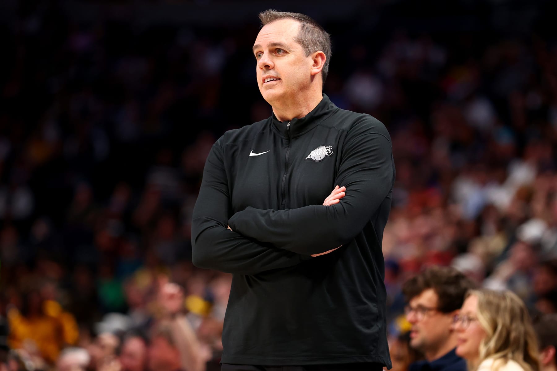 DENVER, CO - APRIL 10: Head Coach Frank Vogel of the Los Angeles Lakers coaches against the Denver Nuggets at Ball Arena on April 10, 2022 in Denver, Colorado. NOTE TO USER: User expressly acknowledges and agrees that, by downloading and/or using this Photograph, user is consenting to the terms and conditions of the Getty Images License Agreement. (Photo by Jamie Schwaberow/Getty Images)