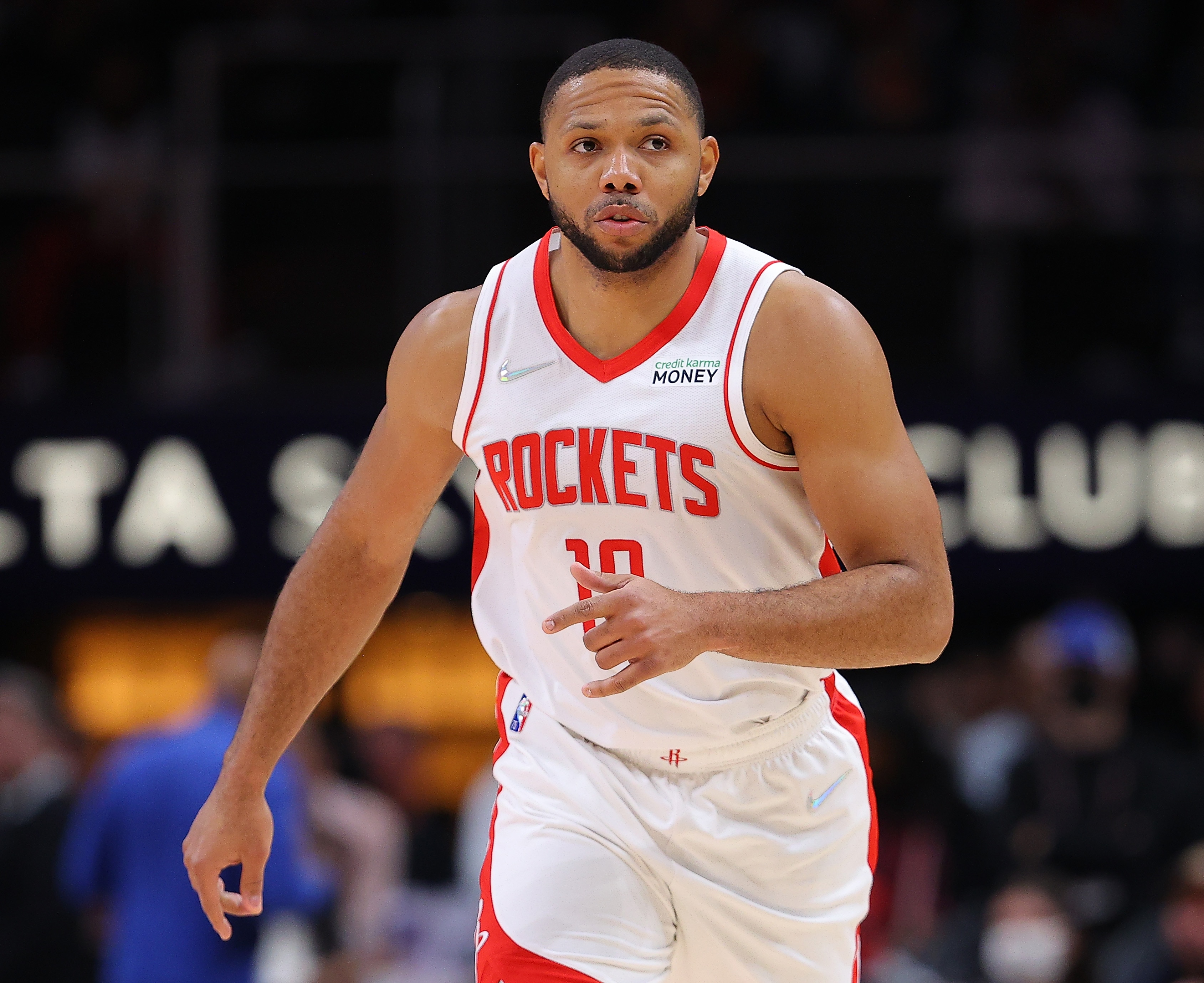 ATLANTA, GEORGIA - DECEMBER 13:  Eric Gordon #10 of the Houston Rockets reacts after hitting a three-point basket against the Atlanta Hawks during the second half at State Farm Arena on December 13, 2021 in Atlanta, Georgia.  NOTE TO USER: User expressly acknowledges and agrees that, by downloading and or using this photograph, User is consenting to the terms and conditions of the Getty Images License Agreement.  (Photo by Kevin C. Cox/Getty Images)