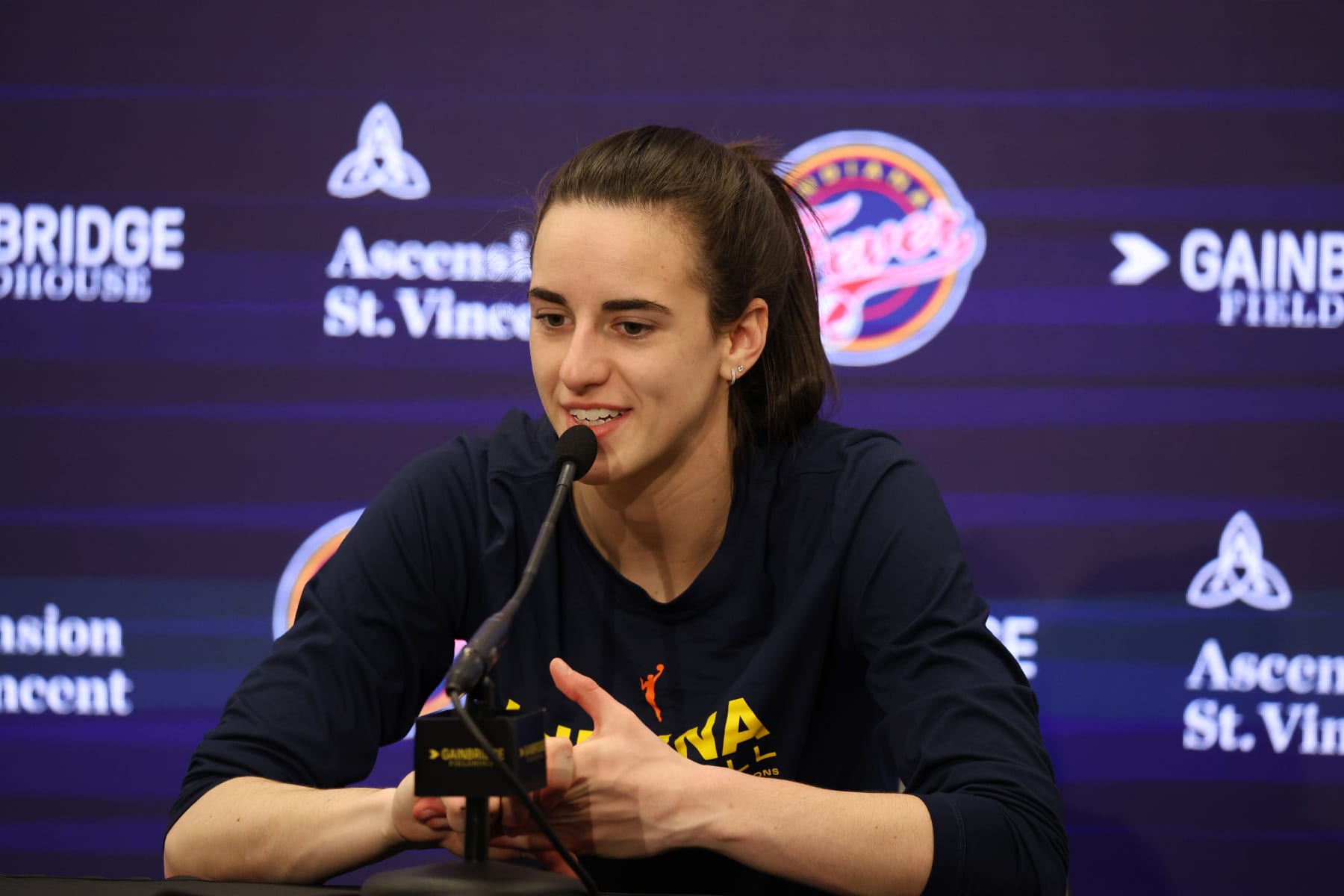 INDIANAPOLIS, IN - JULY 10: Indiana Fever guard Caitlin Clark (22) talks to the media before the game against the Washington Mystics on July 10, 2024, at Gainbridge Fieldhouse in Indianapolis, Indiana. (Photo by Brian Spurlock/Icon Sportswire via Getty Images)
