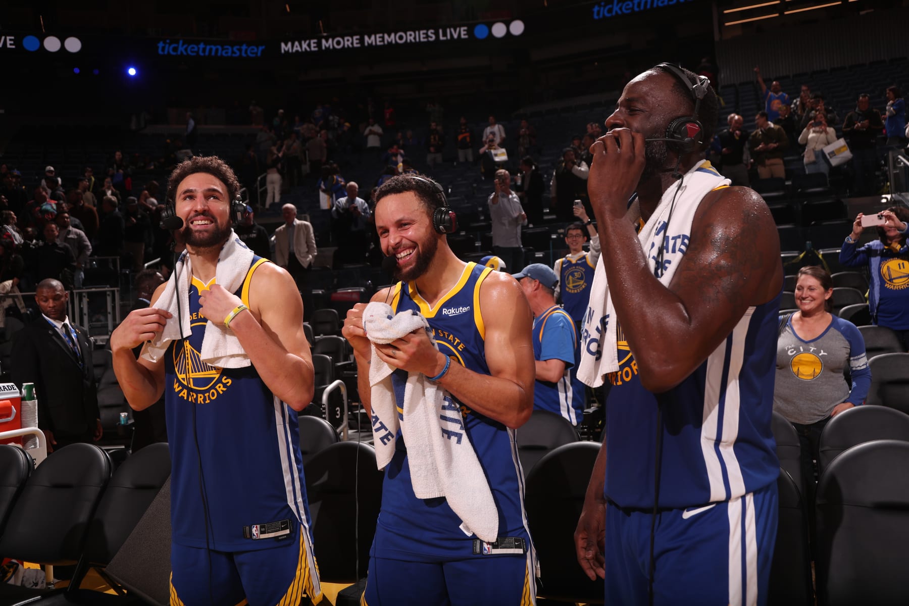 SAN FRANCISCO, CA - NOVEMBER 30: Klay Thompson #11, Stephen Curry #30 and Draymond Green #23 of the Golden State Warriors are interviewed after the win against the LA Clippers on November 30, 2023 at Chase Center in San Francisco, California. NOTE TO USER: User expressly acknowledges and agrees that, by downloading and or using this photograph, user is consenting to the terms and conditions of Getty Images License Agreement. Mandatory Copyright Notice: Copyright 2023 NBAE (Photo by Jed Jacobsohn/NBAE via Getty Images)