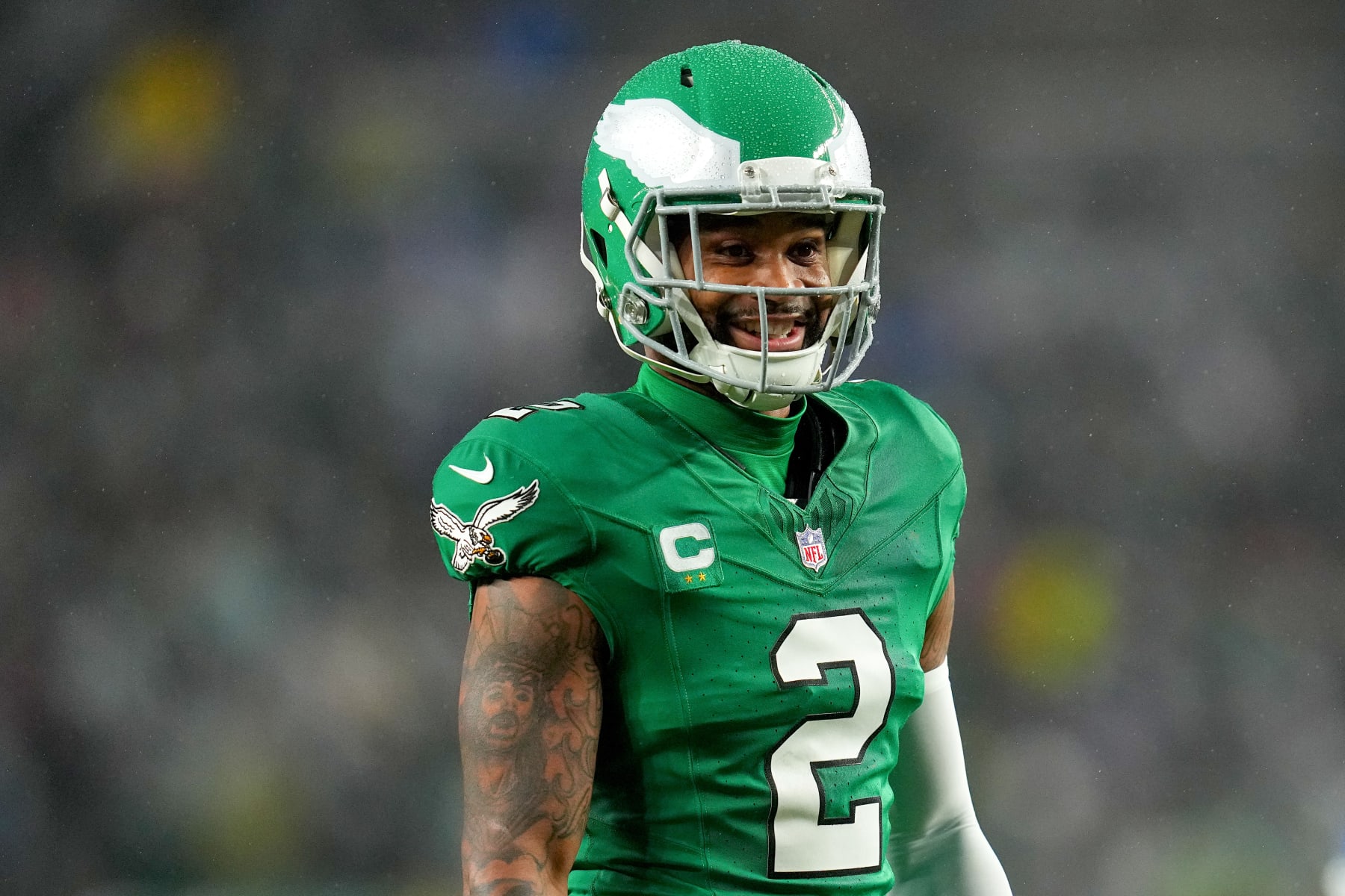 PHILADELPHIA, PENNSYLVANIA - NOVEMBER 26: Darius Slay #2 of the Philadelphia Eagles reacts during the first half of the game against the Buffalo Bills at Lincoln Financial Field on November 26, 2023 in Philadelphia, Pennsylvania. (Photo by Mitchell Leff/Getty Images)