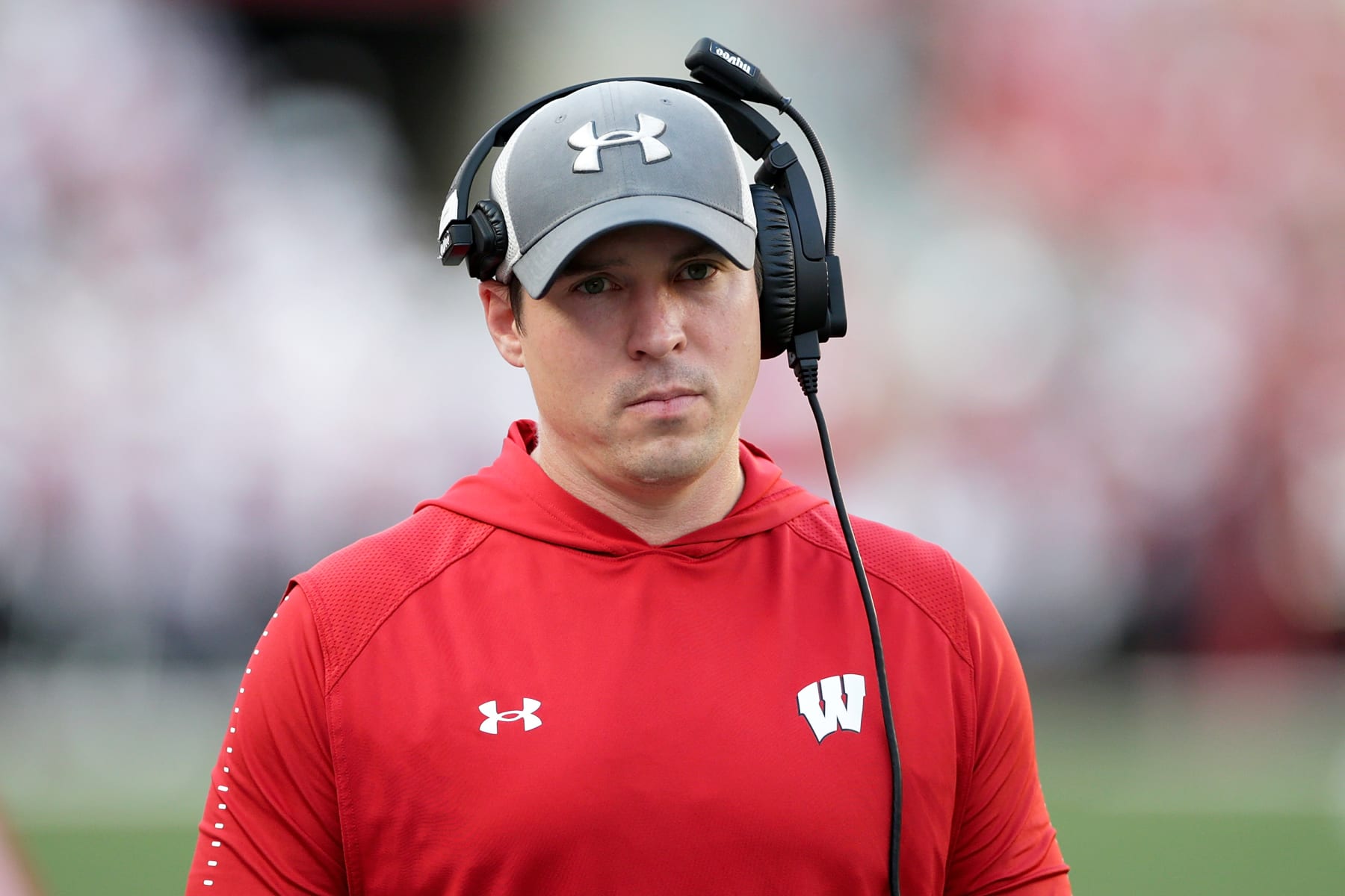 MADISON, WISCONSIN - SEPTEMBER 11: Wisconsin Badgers defensive coach Jim Leonhard during the game against the Eastern Michigan Eagles at Camp Randall Stadium on September 11, 2021 in Madison, Wisconsin. Badgers defeated the Eagles 34-7. (Photo by John Fisher/Getty Images)