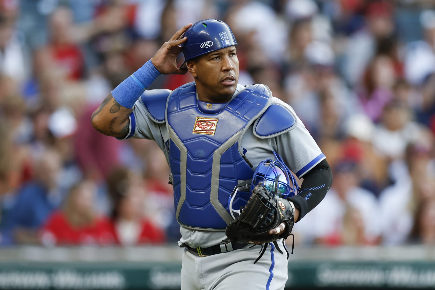 CLEVELAND, OH - JULY 07: Salvador Perez #13 of the Kansas City Royals looks on during the fourth inning against the Cleveland Guardians at Progressive Field on July 07, 2023 in Cleveland, Ohio. (Photo by Ron Schwane/Getty Images)