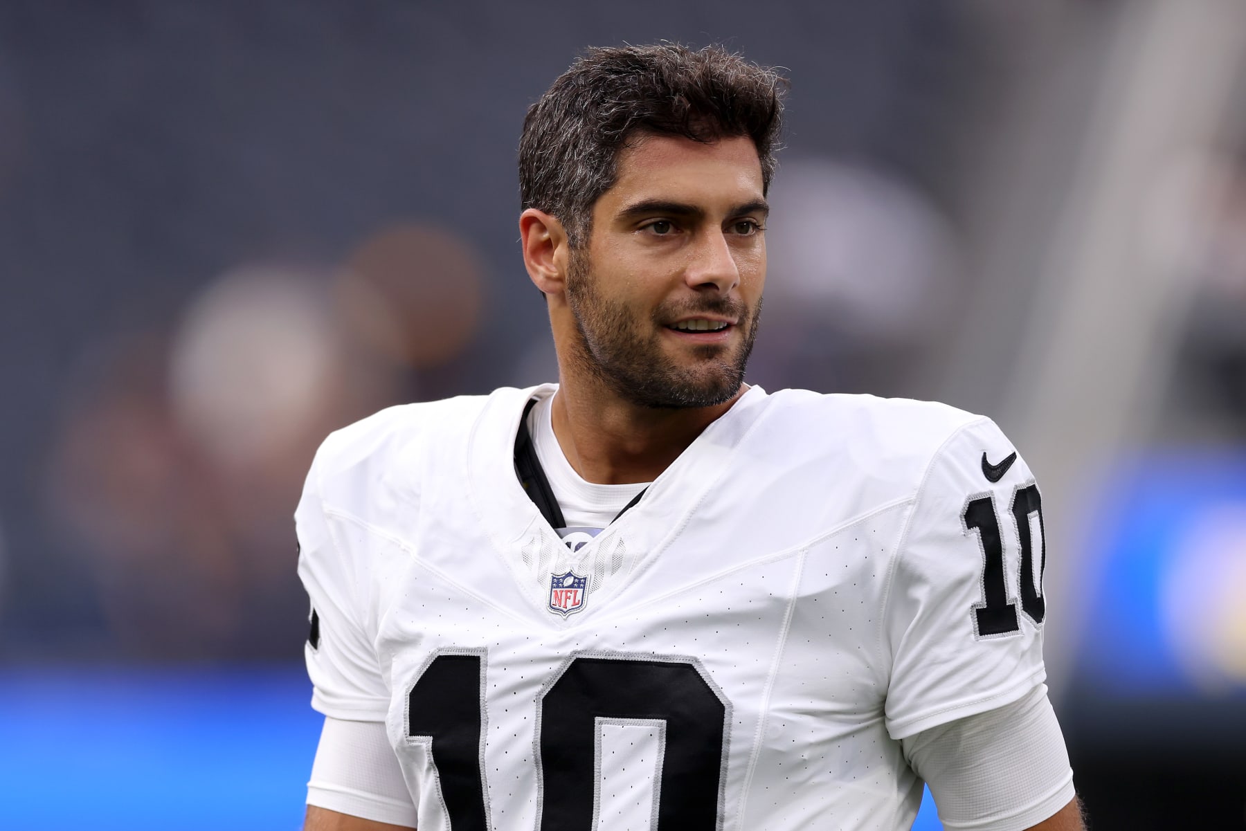 INGLEWOOD, CALIFORNIA - AUGUST 19: Jimmy Garoppolo #10 of the Las Vegas Raiders looks on prior to the preseason game against the Los Angeles Rams at SoFi Stadium on August 19, 2023 in Inglewood, California. (Photo by Katelyn Mulcahy/Getty Images)