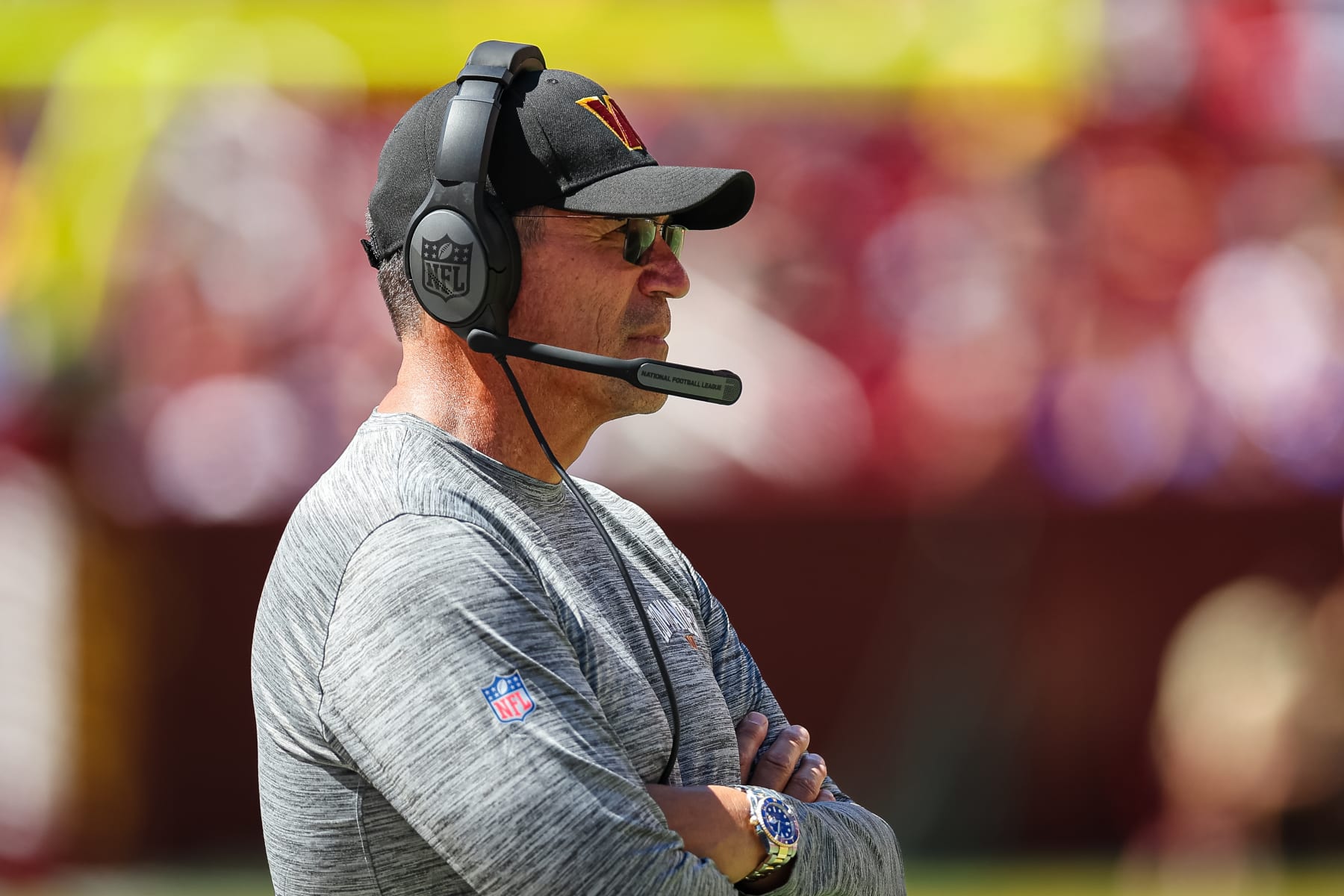 LANDOVER, MD - AUGUST 13: Head coach Ron Rivera of the Washington Commanders looks on against the Carolina Panthers during the second half of the preseason game at FedExField on August 13, 2022 in Landover, Maryland. (Photo by Scott Taetsch/Getty Images)
