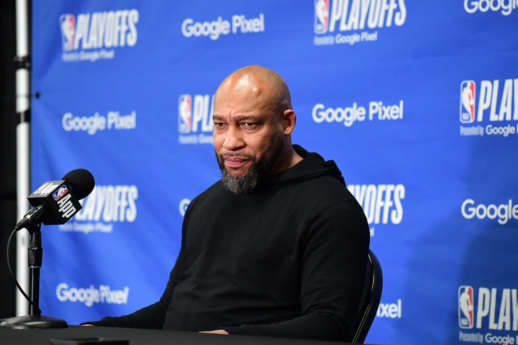 LOS ANGELES, CA - APRIL 25: Head Coach Darvin Ham of the Los Angeles Lakers speaks at a press conference before the game against the Denver Nuggets during Round One Game Three of the 2024 NBA Playoffs on April 25, 2024 at Crypto.Com Arena in Los Angeles, California. NOTE TO USER: User expressly acknowledges and agrees that, by downloading and/or using this Photograph, user is consenting to the terms and conditions of the Getty Images License Agreement. Mandatory Copyright Notice: Copyright 2024 NBAE (Photo by Adam Pantozzi/NBAE via Getty Images)