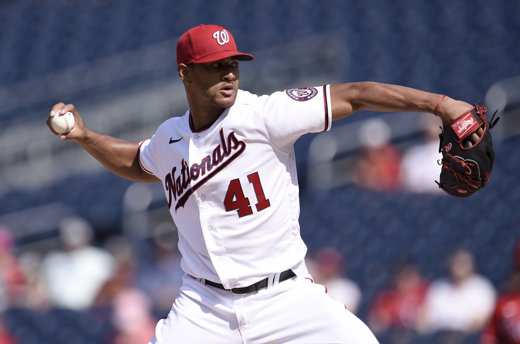 WASHINGTON, DC - AUGUST 05: Joe Ross #41 of the Washington Nationals pitches in the first inning against the Philadelphia Phillies at Nationals Park on August 05, 2021 in Washington, DC. (Photo by Greg Fiume/Getty Images)