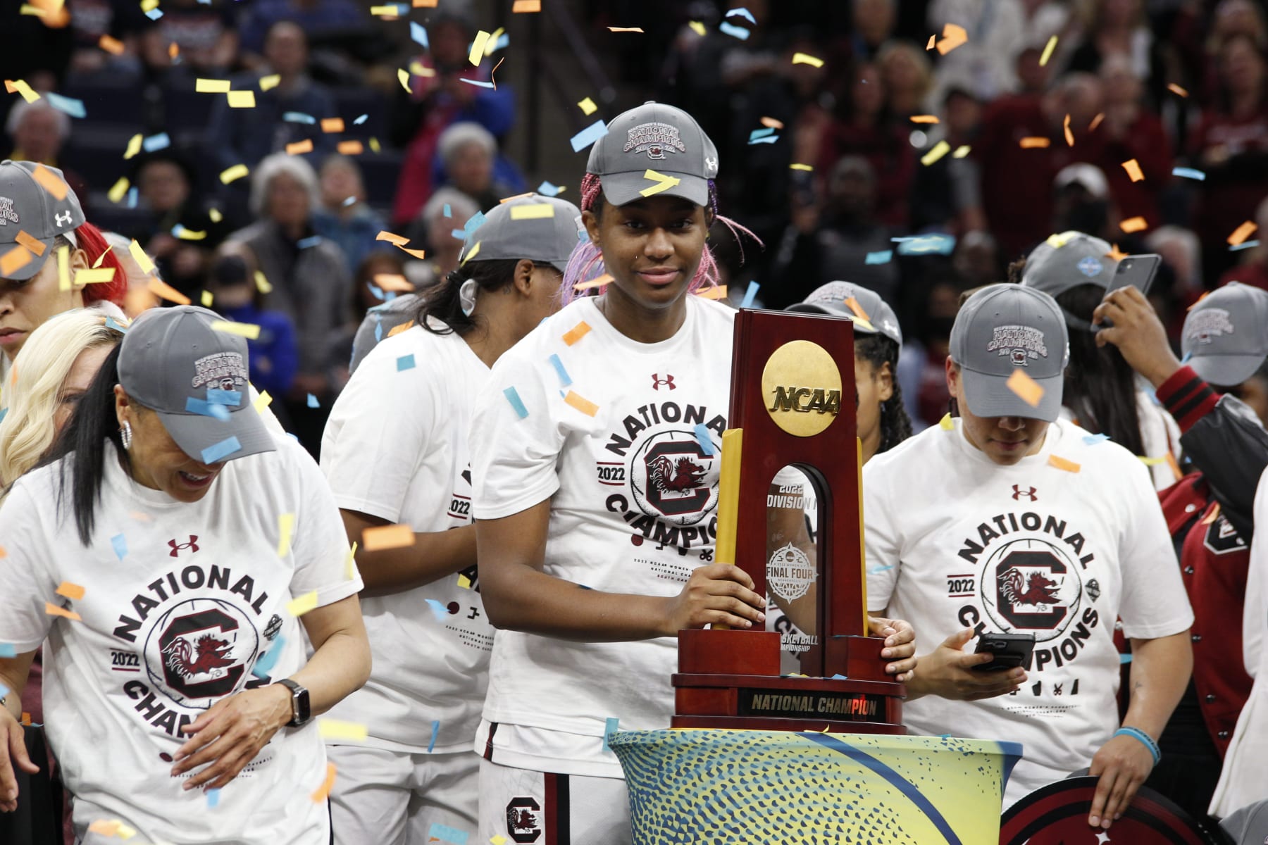 MINNEAPOLIS, MN - APRIL 03: South Carolina Gamecocks forward Aliyah Boston (4) celebrates winning the championship during the Women's Final Four Championship game between the Connecticut Huskies and the South Carolina Gamecocks on April 3rd, 2022, at Target Center in Minneapolis, MN.(Photo by Bailey Hillesheim/Icon Sportswire via Getty Images) MINNEAPOLIS, MN - APRIL 03: South Carolina Gamecocks forward Aliyah Boston (4) celebrates winning the championship during the Women's Final Four Championship game between the Connecticut Huskies and the South Carolina Gamecocks on April 3rd, 2022, at Target Center in Minneapolis, MN.(Photo by Bailey Hillesheim/Icon Sportswire via Getty Images)