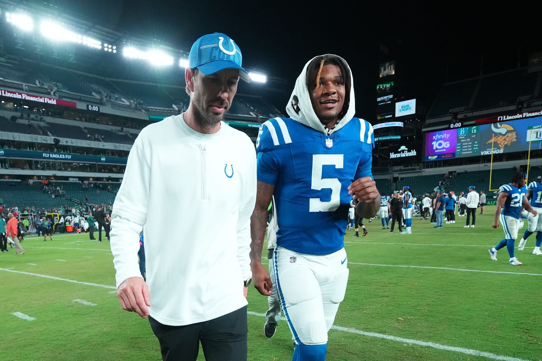 PHILADELPHIA, PENNSYLVANIA - AUGUST 24: Head coach Shane Steichen of the Indianapolis Colts and Anthony Richardson #5 walk off the field after the preseason game against the Philadelphia Eagles at Lincoln Financial Field on August 24, 2023 in Philadelphia, Pennsylvania. The Colts defeated the Eagles 27-13. (Photo by Mitchell Leff/Getty Images)