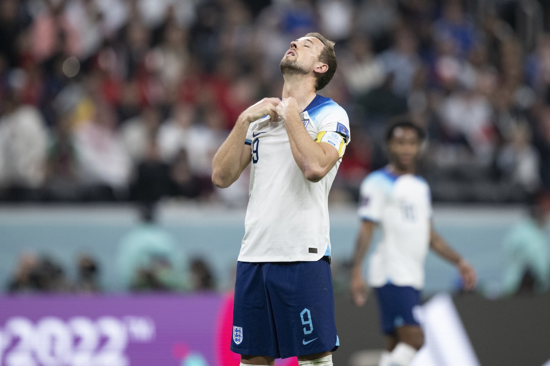 AL KHOR, QATAR - DECEMBER 10: Harry Kane of England shows a look of dejection during the FIFA World Cup Qatar 2022 quarter final match between England and France at Al Bayt Stadium on December 10, 2022 in Al Khor, Qatar. (Photo by Sebastian Frej/MB Media/Getty Images)