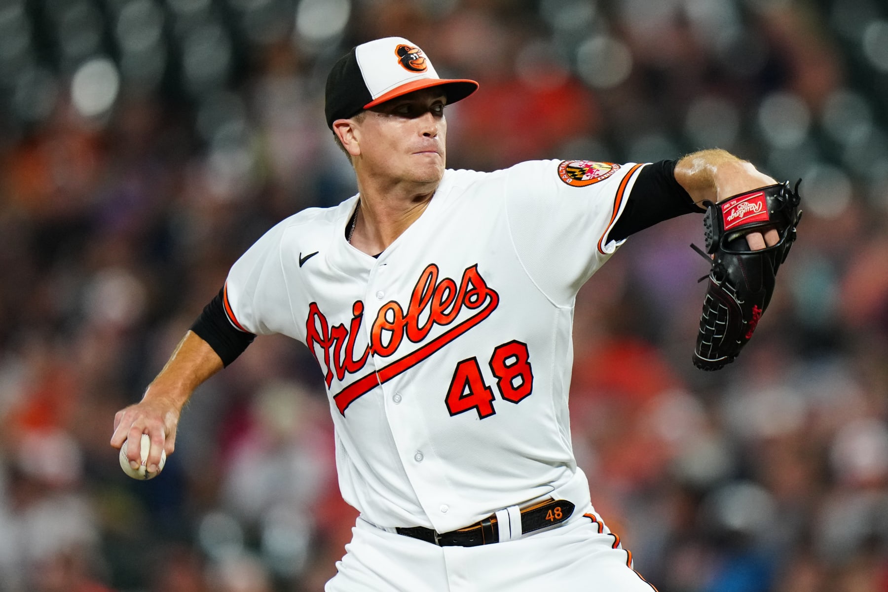 BALTIMORE, MD - AUGUST 24:   Kyle Gibson #48 of the Baltimore Orioles pitches in the fourth inning during the game between the Toronto Blue Jays and the Baltimore Orioles at Oriole Park at Camden Yards on Thursday, August 24, 2023 in Baltimore, Maryland. (Photo by Daniel Shirey/MLB Photos via Getty Images)