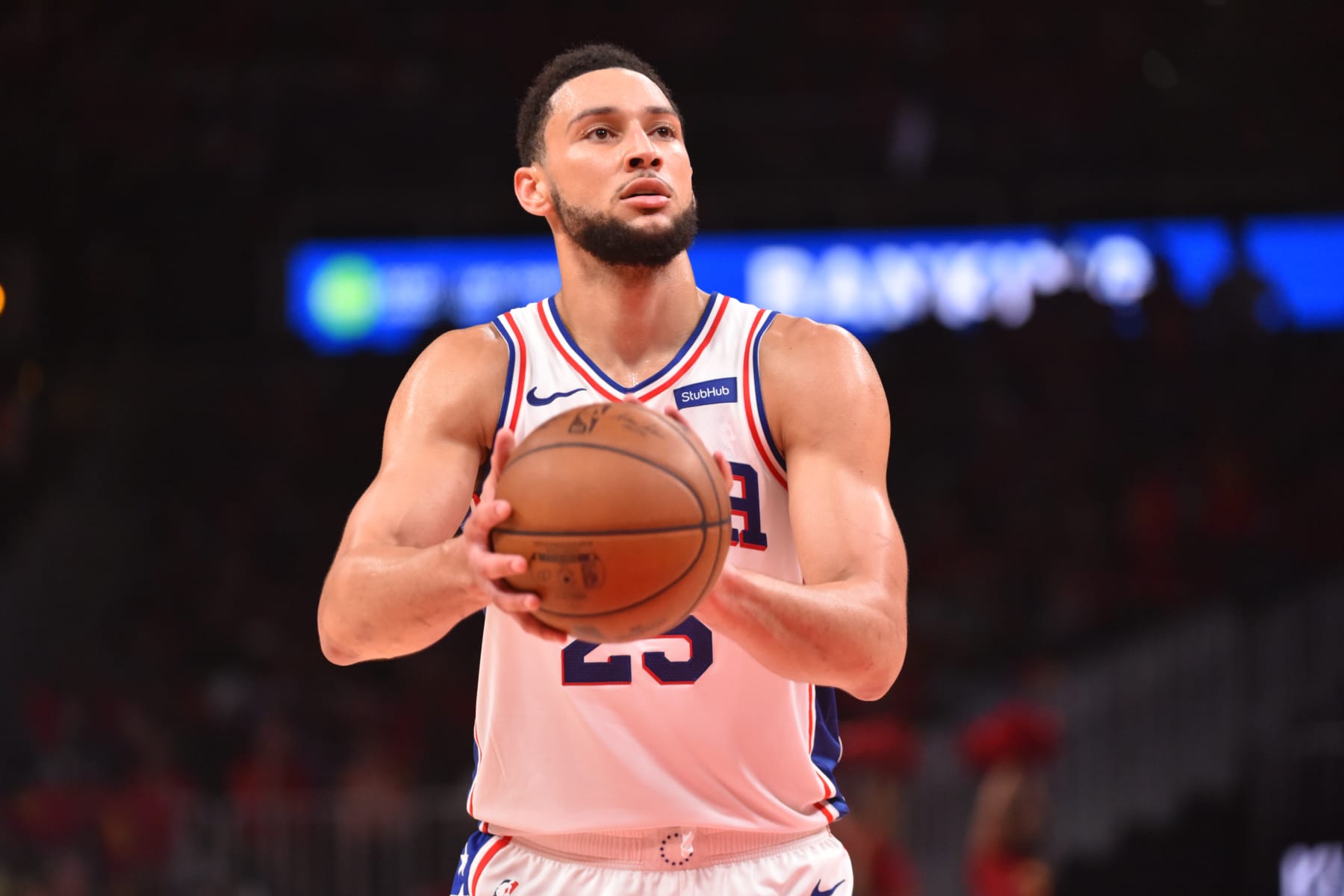 ATLANTA, GA - JUNE 11: Ben Simmons #25 of the Philadelphia 76ers shoots a free-throw during a game against the Atlanta Hawks during Round 2, Game 3 of the Eastern Conference Playoffs on June 11, 2021 at State Farm Arena in Atlanta, Georgia. NOTE TO USER: User expressly acknowledges and agrees that, by downloading and/or using this Photograph, user is consenting to the terms and conditions of the Getty Images License Agreement. Mandatory Copyright Notice: Copyright 2021 NBAE (Photo by Jesse D. Garrabrant/NBAE via Getty Images)