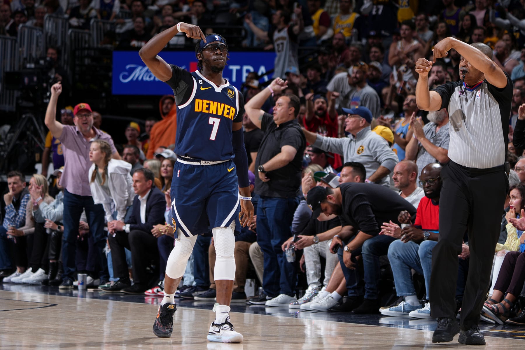 DENVER, CO - MAY 18: Reggie Jackson #7 of the Denver Nuggets looks on during the game against the Los Angeles Lakers during Game 2 of the 2023 NBA Playoffs Western Conference Finals on May 18, 2023 at the Ball Arena in Denver, Colorado. NOTE TO USER: User expressly acknowledges and agrees that, by downloading and/or using this Photograph, user is consenting to the terms and conditions of the Getty Images License Agreement. Mandatory Copyright Notice: Copyright 2023 NBAE (Photo by Garrett Ellwood/NBAE via Getty Images)