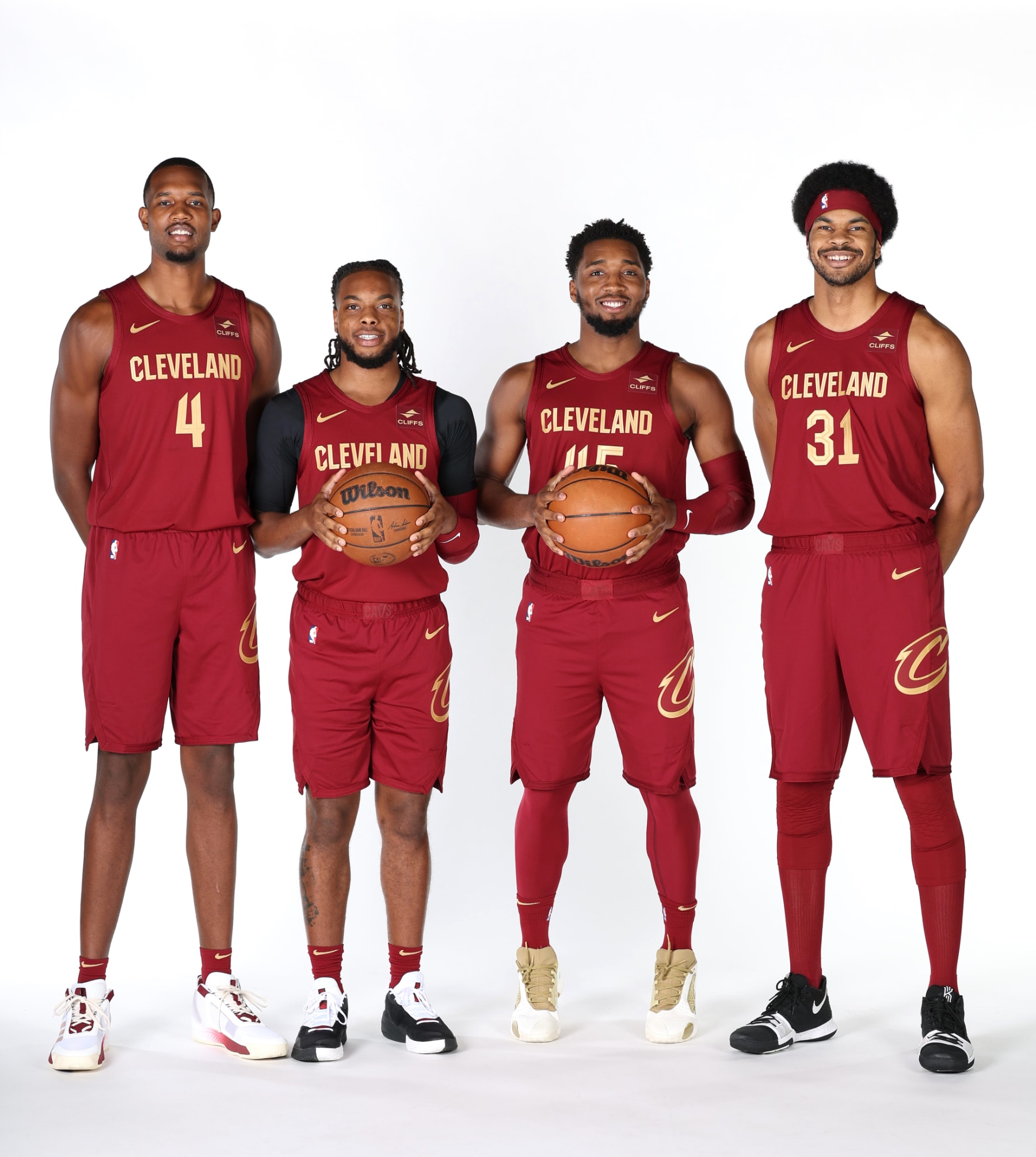 CLEVELAND, OH - OCTOBER 02: Evan Mobley #4,  Jarrett Allen #31, Darius Garland #10, and Donovan Mitchell #45 of the Cleveland Cavaliers poses for a portrait during 2023-24 NBA Media Day on October 2, 2023 at Rocket Mortgage FieldHouse in Cleveland, Ohio. NOTE TO USER: User expressly acknowledges and agrees that, by downloading and/or using this Photograph, user is consenting to the terms and conditions of the Getty Images License Agreement. Mandatory Copyright Notice: Copyright 2023 NBAE (Photo by Lauren Leigh Bacho/NBAE via Getty Images)