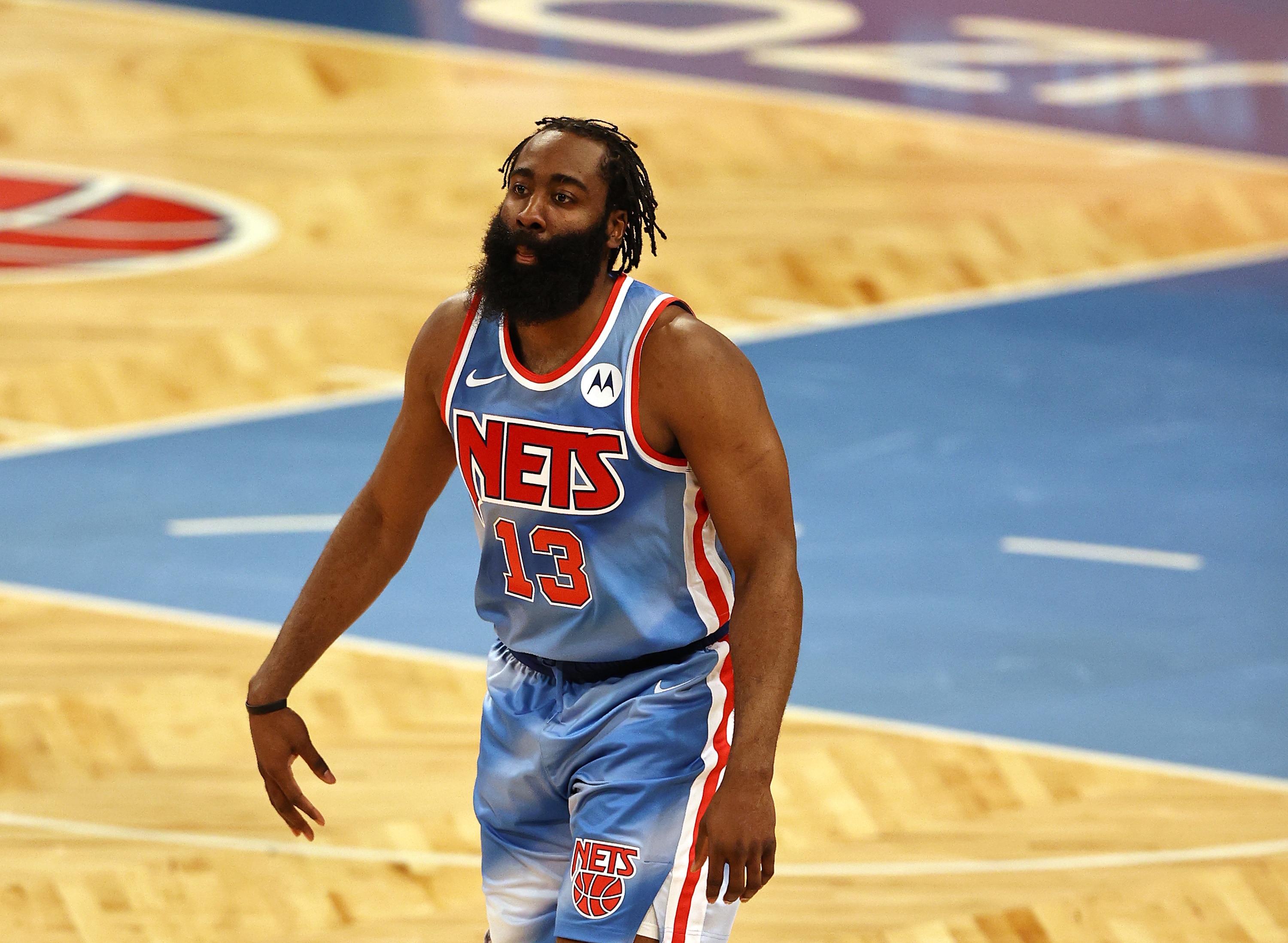 NEW YORK, NEW YORK - MAY 12:  James Harden #13 of the Brooklyn Nets celebrates his three point shot in the third quarter against the San Antonio Spurs at Barclays Center on May 12, 2021 in the Brooklyn borough of New York City.NOTE TO USER: User expressly acknowledges and agrees that, by downloading and or using this photograph, User is consenting to the terms and conditions of the Getty Images License Agreement. (Photo by Elsa/Getty Images)