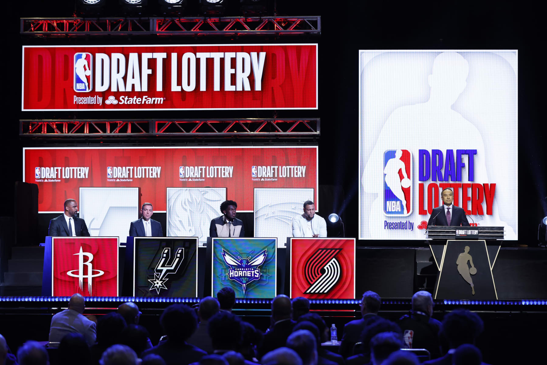CHICAGO,IL - MAY 16: The Houston Rockets, San Antonio Spurs, Charlotte Hornets and Portland Trail Blazers await their Pick selections during the 2023 NBA Draft Lottery at McCormick Place on May 16, 2023 in Chicago, Illinois. NOTE TO USER: User expressly acknowledges and agrees that, by downloading and or using this photograph, user is consenting to the terms and conditions of the Getty Images License Agreement. Mandatory Copyright Notice: Copyright 2023 NBAE (Photo by Kamil Krzaczynski/NBAE via Getty Images)