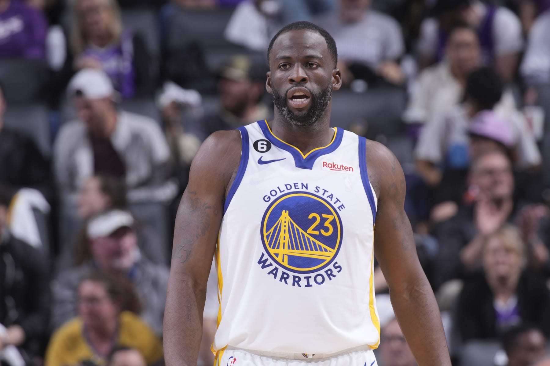 SACRAMENTO, CA - APRIL 17: Draymond Green #23 of the Golden State Warriors looks on during the game against the Sacramento Kings during Round 1 Game 2 of the 2023 NBA Playoffs on April 17, 2023 at Golden 1 Center in Sacramento, California. NOTE TO USER: User expressly acknowledges and agrees that, by downloading and or using this photograph, User is consenting to the terms and conditions of the Getty Images Agreement. Mandatory Copyright Notice: Copyright 2023 NBAE (Photo by Rocky Widner/NBAE via Getty Images)