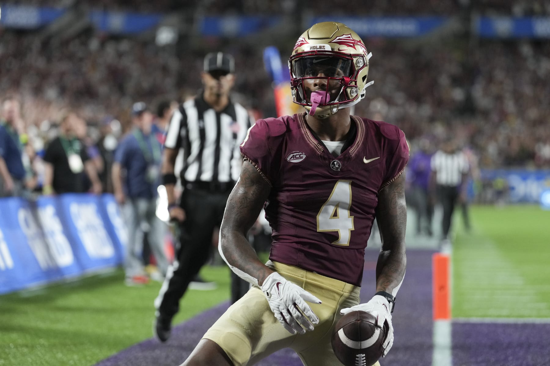 ORLANDO, FL - SEPTEMBER 03: Florida State Seminoles wide receiver Keon Coleman (4) takes a moment to enjoy his touchdown during the Camping World Kickoff game between the LSU Tigers and the Florida State Seminoles, on Sunday, September 3, 2023 at Camping World Stadium in Orlando, Fla. (Photo by Peter Joneleit/Icon Sportswire via Getty Images)