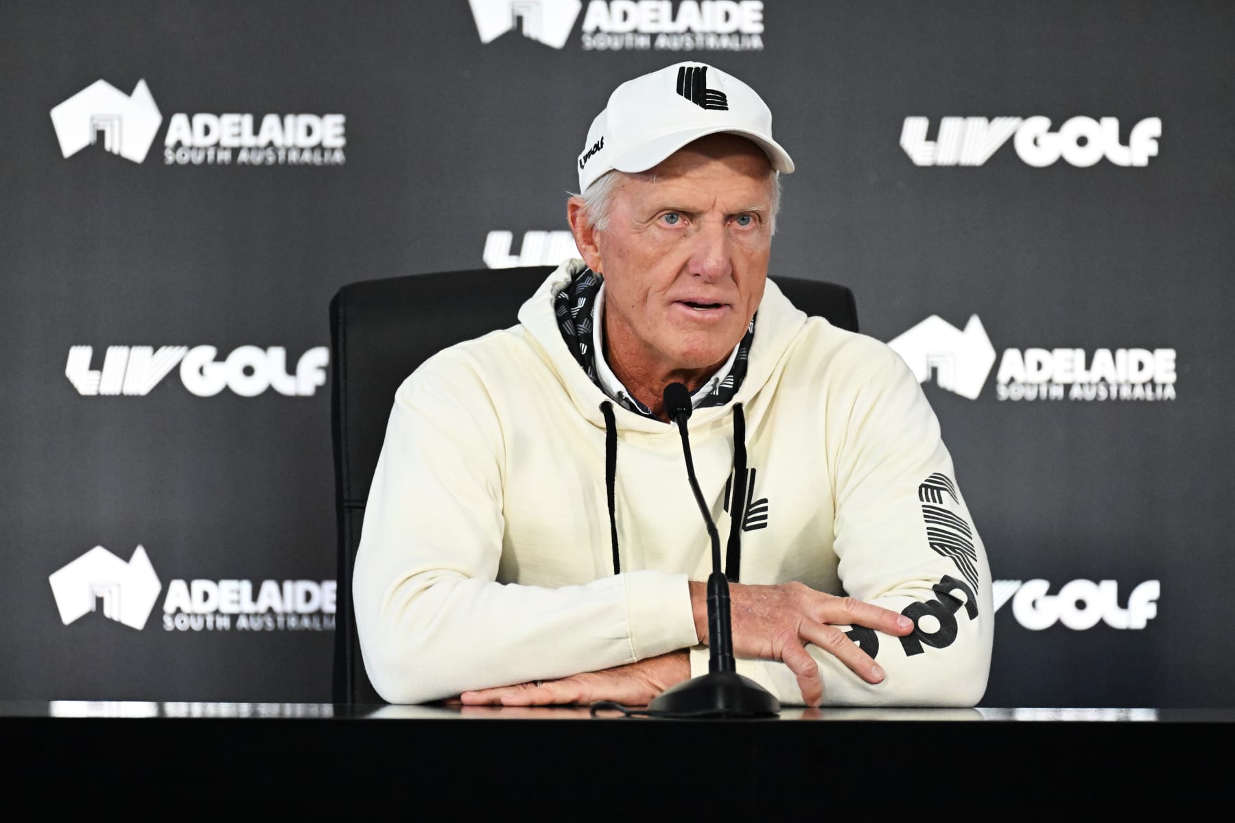 ADELAIDE, AUSTRALIA - APRIL 20: Greg Norman Commissioner and CEO of LIV Golf  speaks during the press conference with Cameron Smith captain of the Ripper GC and SA Premier Peter Malinauskas ahead of Liv Golf Adelaide at The Grange Golf Club on April 20, 2023 in Adelaide, Australia. (Photo by Mark Brake/Getty Images)