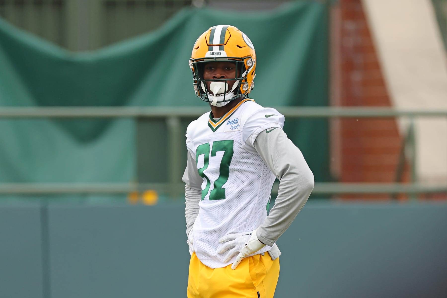 ASHWAUBENON, WISCONSIN - MAY 31: Romeo Doubs #87 of the Green Bay Packers participates in an OTA practice session at Don Hutson Center on May 31, 2023 in Ashwaubenon, Wisconsin. (Photo by Stacy Revere/Getty Images)