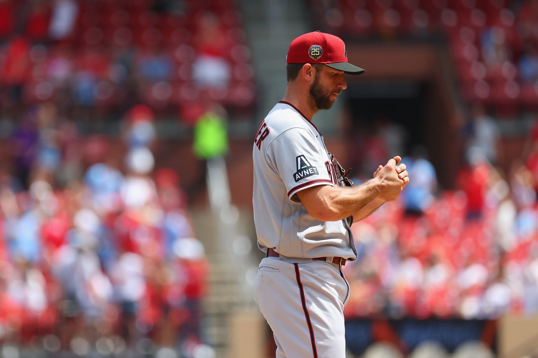 ST LOUIS, MO - APRIL 19: Madison Bumgarner #40 of the Arizona Diamondbacks reacts after giving up a two-run home run against the St. Louis Cardinals in the third inning at Busch Stadium on April 19, 2023 in St Louis, Missouri. (Photo by Dilip Vishwanat/Getty Images)